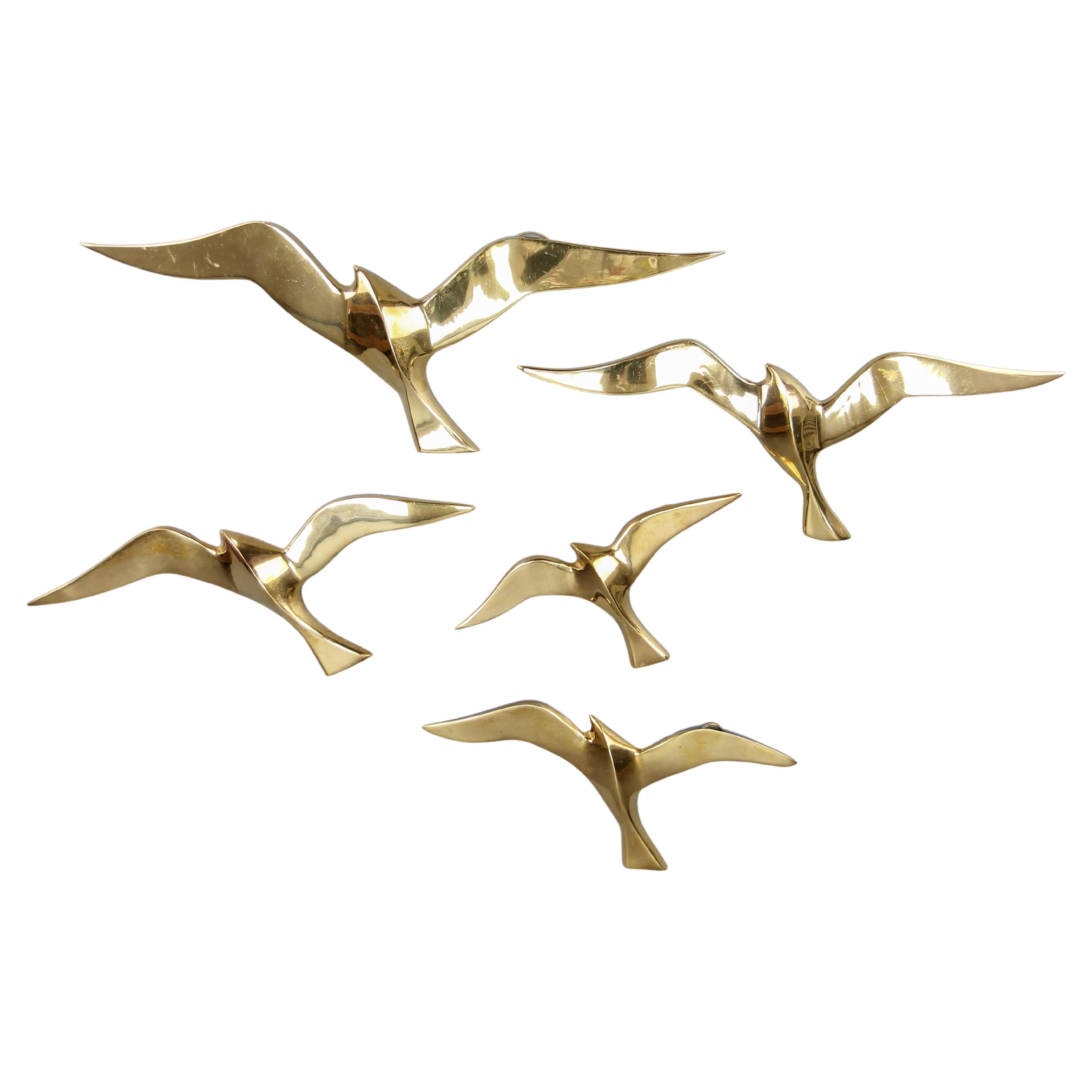 Mid-Century Modern Brass Bird Wall-Mounted Figures, Set of Five