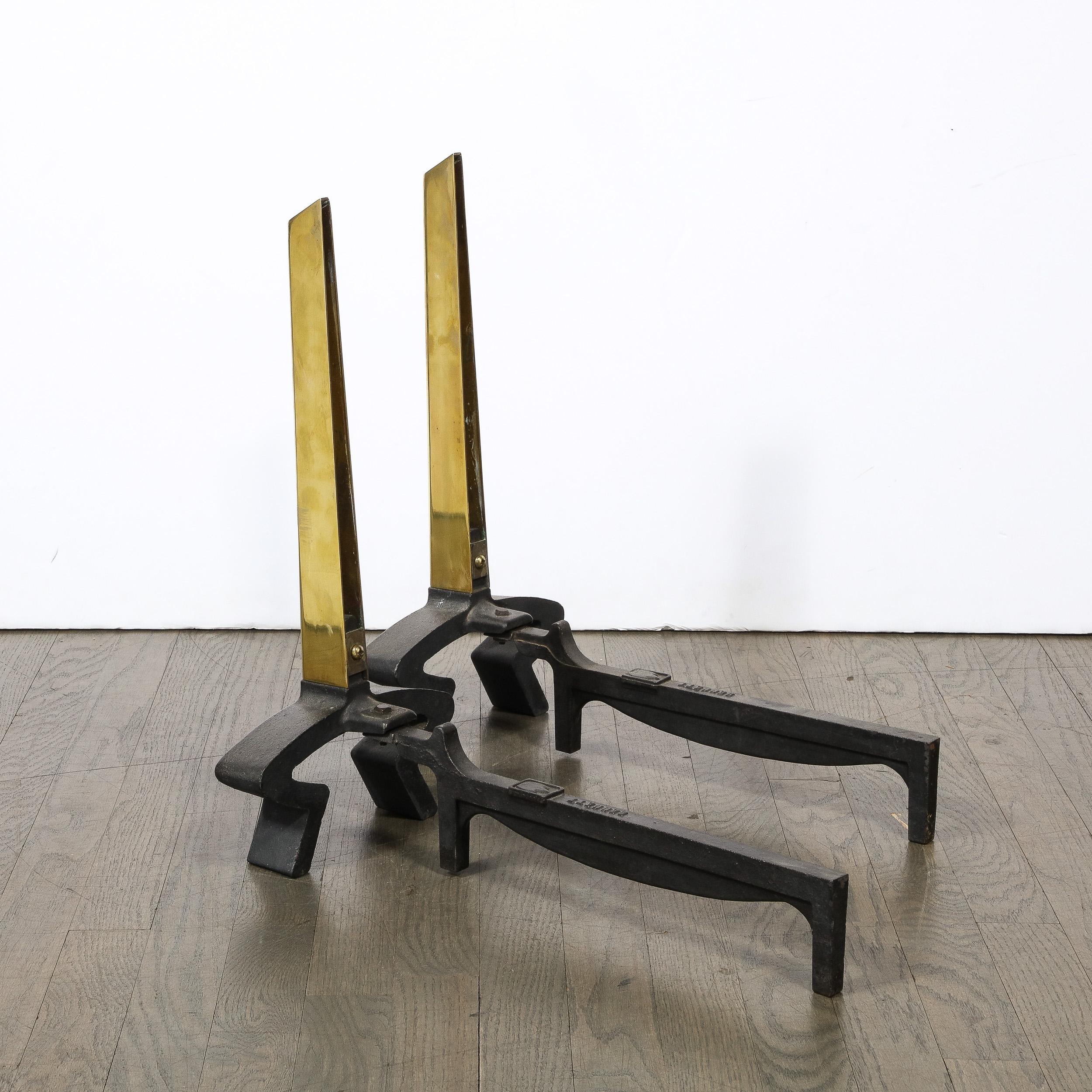 Mid-Century Modern Brass & Black Cast Iron Andirons, by Donald Desky for Bennett For Sale 5