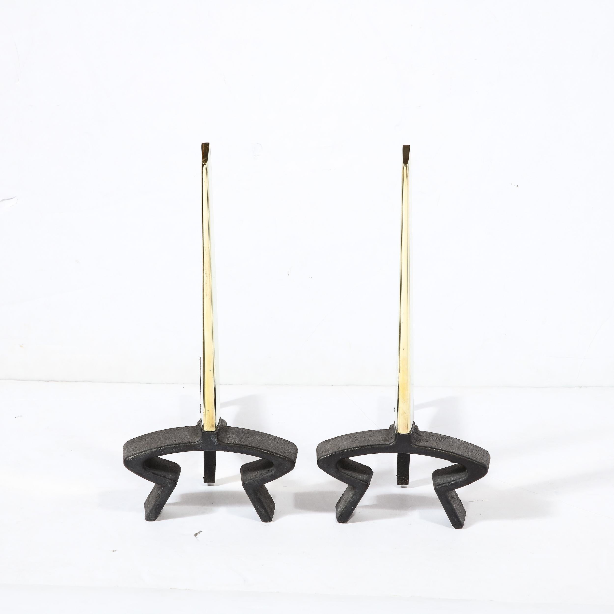 American Mid-Century Modern Brass & Black Cast Iron Andirons, by Donald Desky for Bennett For Sale