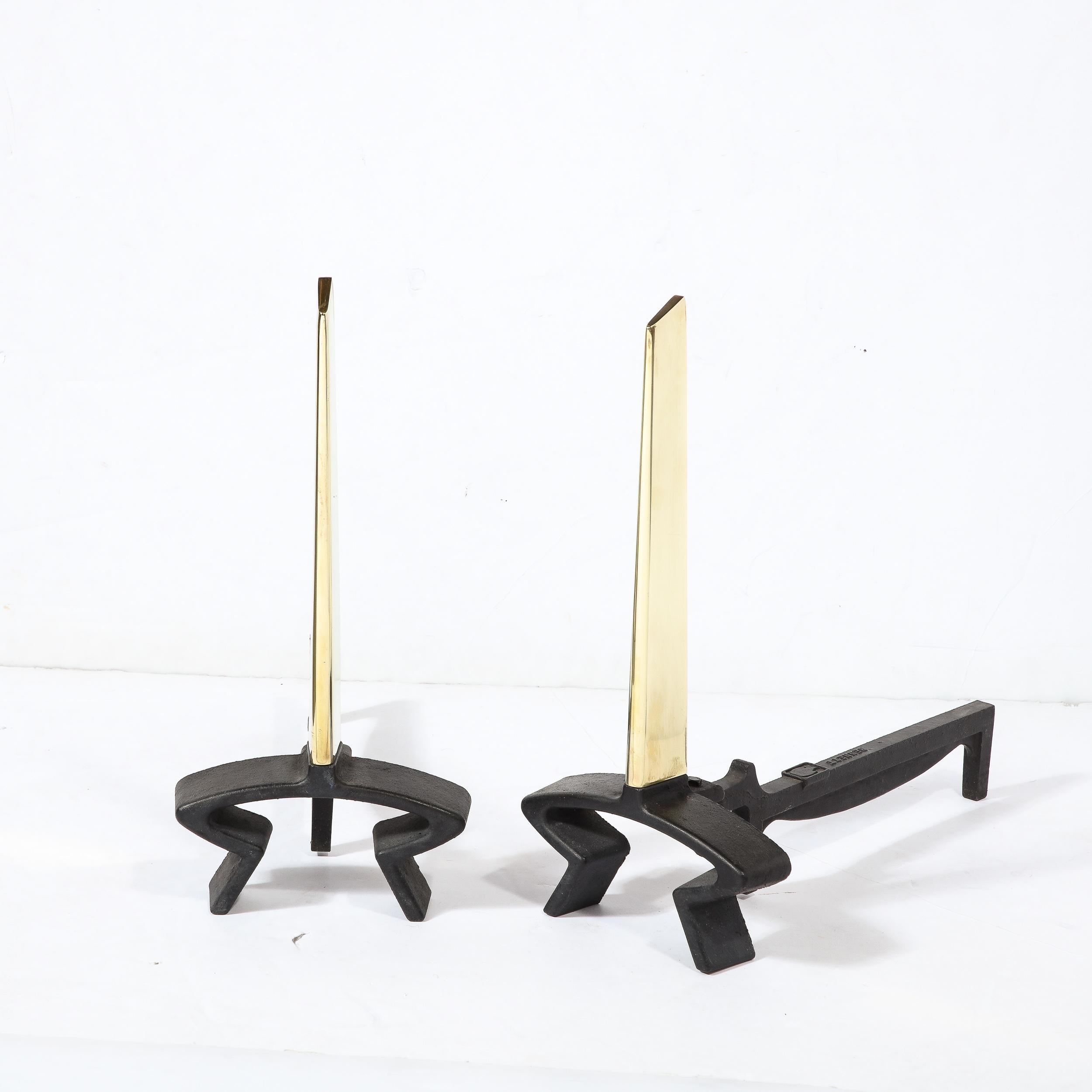 Mid-Century Modern Brass & Black Cast Iron Andirons, by Donald Desky for Bennett In Excellent Condition For Sale In New York, NY