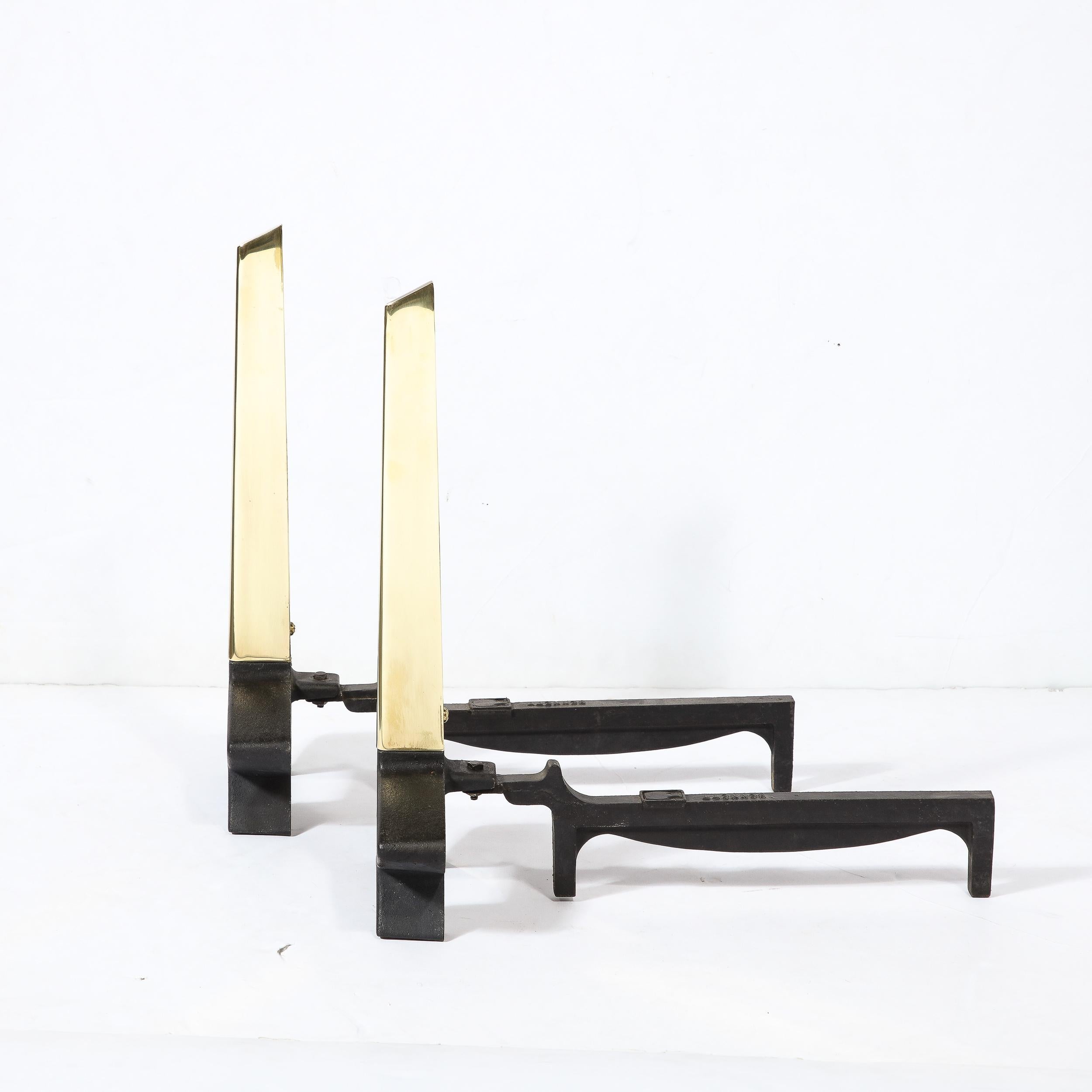 Mid-20th Century Mid-Century Modern Brass & Black Cast Iron Andirons, by Donald Desky for Bennett For Sale