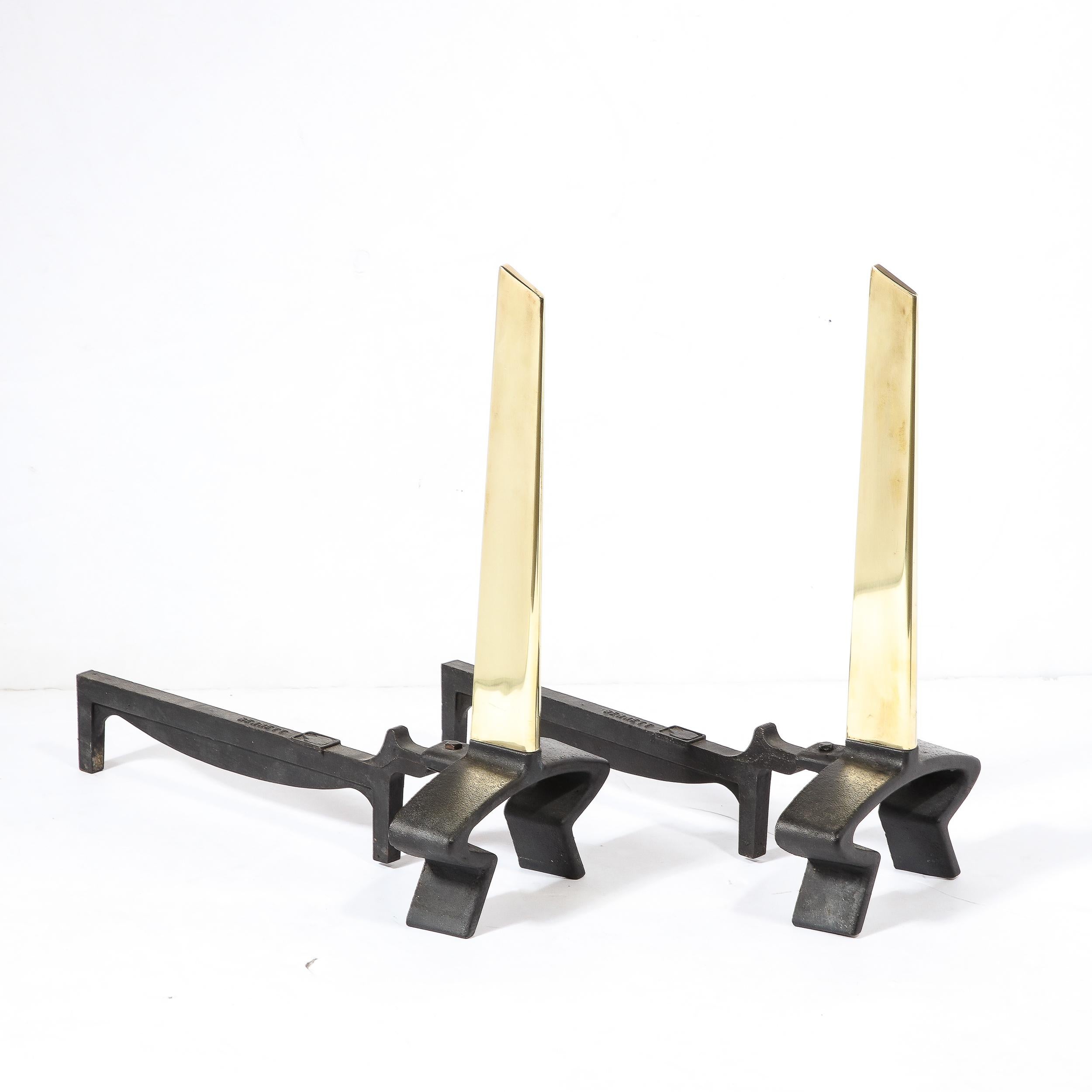 Mid-Century Modern Brass & Black Cast Iron Andirons, by Donald Desky for Bennett For Sale 1