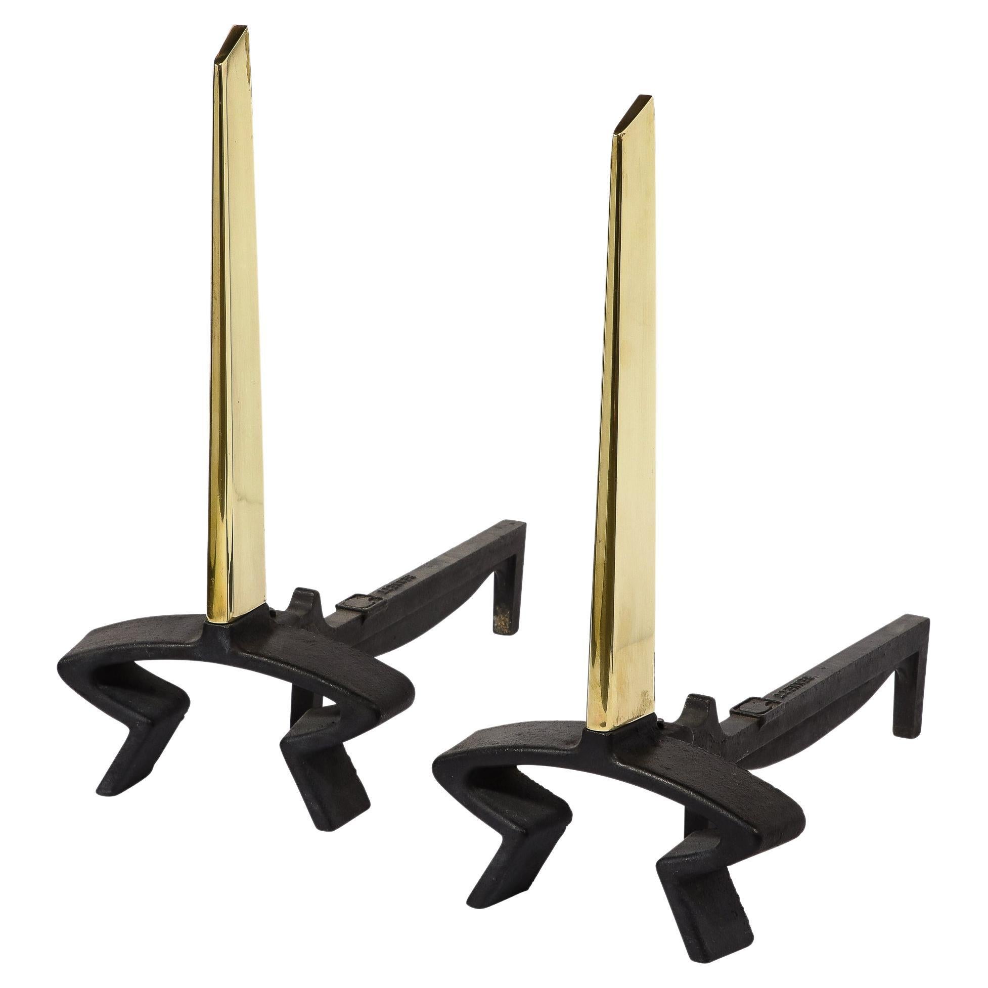 Mid-Century Modern Brass & Black Cast Iron Andirons, by Donald Desky for Bennett For Sale