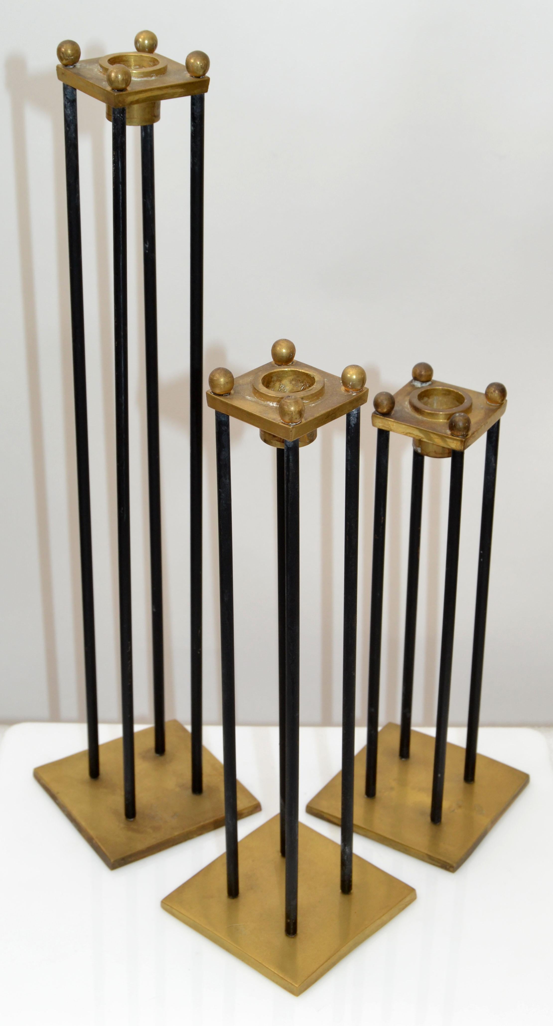 Mid-Century Modern Brass & Black Enamel Candle Holders, Candlesticks, Set of 3  For Sale 7