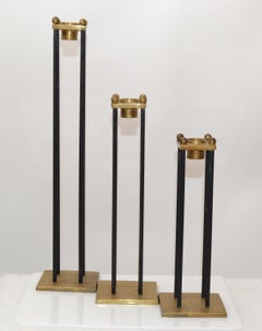 Mid-Century Modern Brass & Black Enamel Candle Holders, Candlesticks, Set of 3