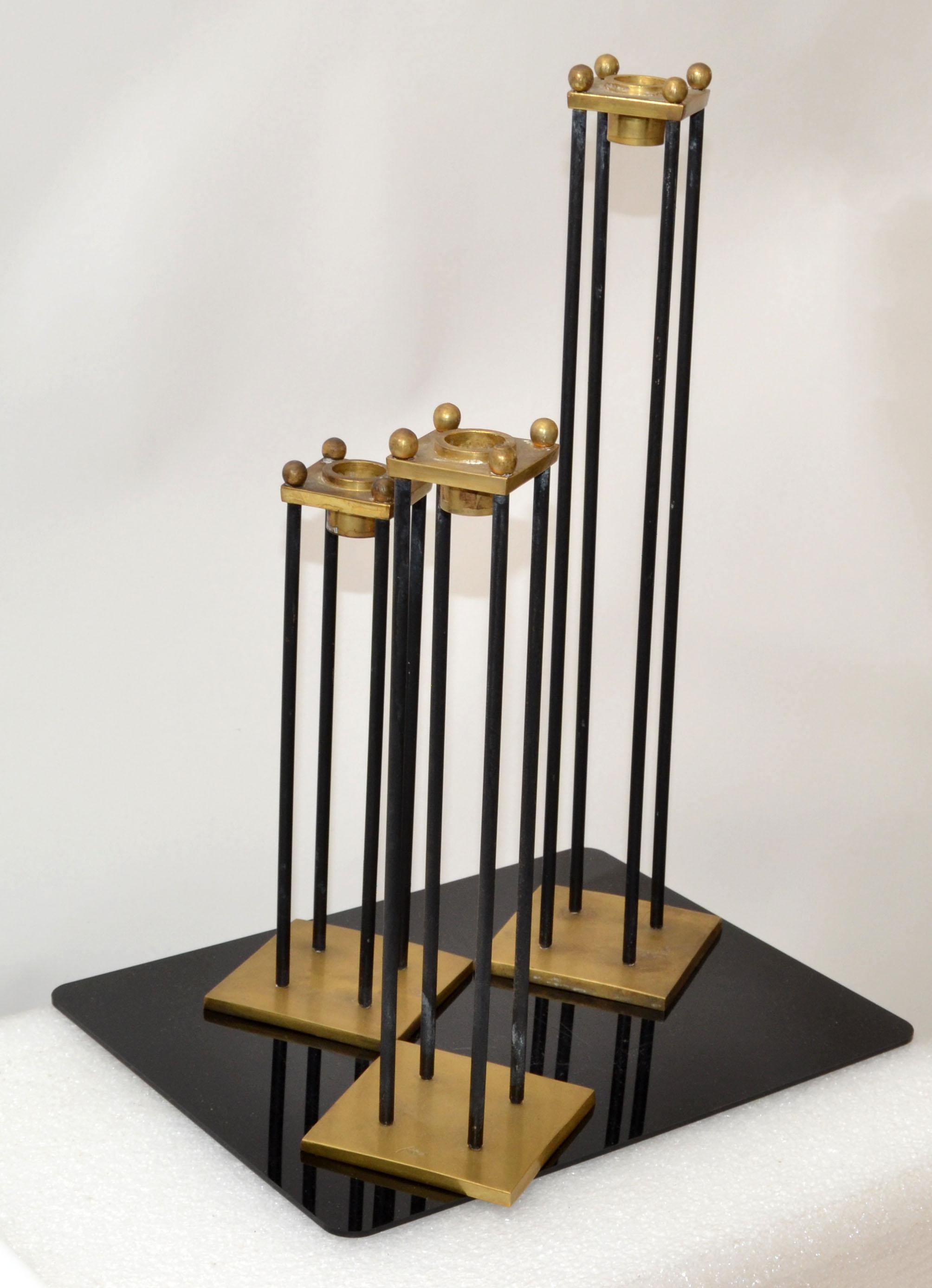 Patinated Mid-Century Modern Brass & Black Enamel Candle Holders, Candlesticks, Set of 3  For Sale