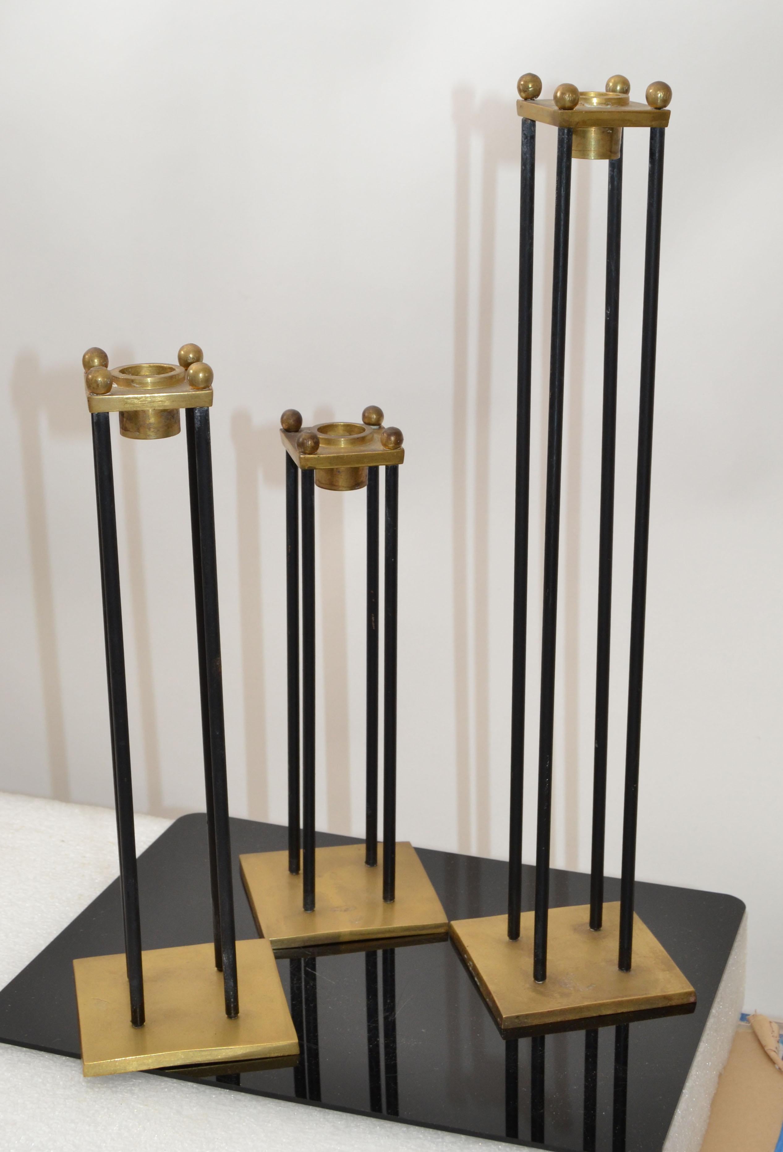 Mid-20th Century Mid-Century Modern Brass & Black Enamel Candle Holders, Candlesticks, Set of 3  For Sale