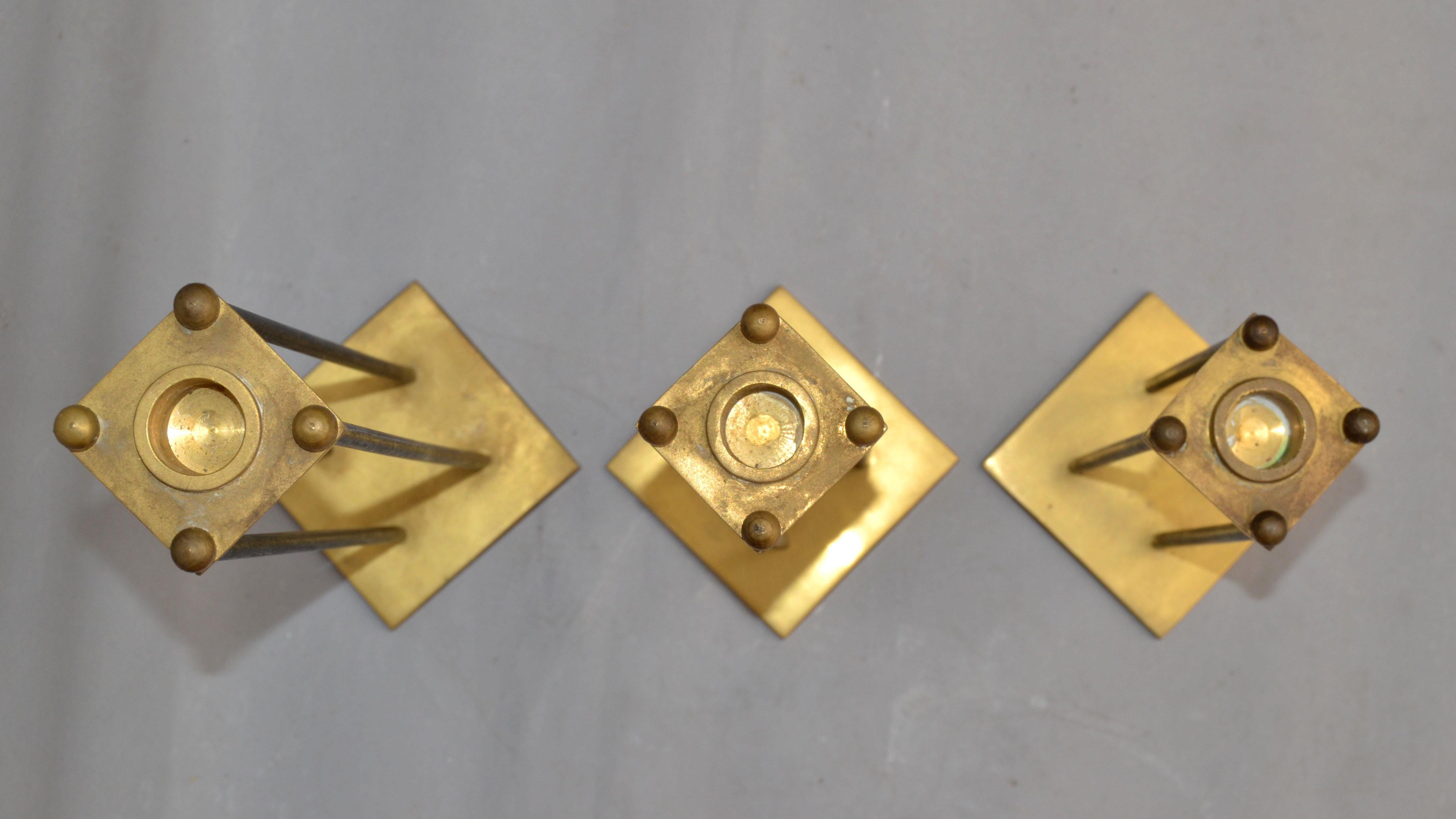 Steel Mid-Century Modern Brass & Black Enamel Candle Holders, Candlesticks, Set of 3  For Sale