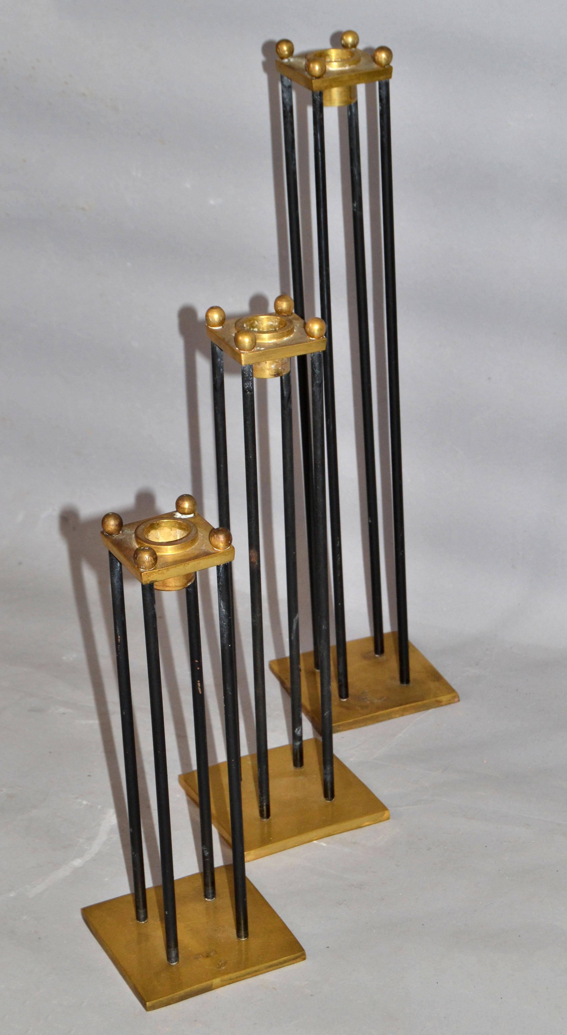 Mid-Century Modern Brass & Black Enamel Candle Holders, Candlesticks, Set of 3  For Sale 1