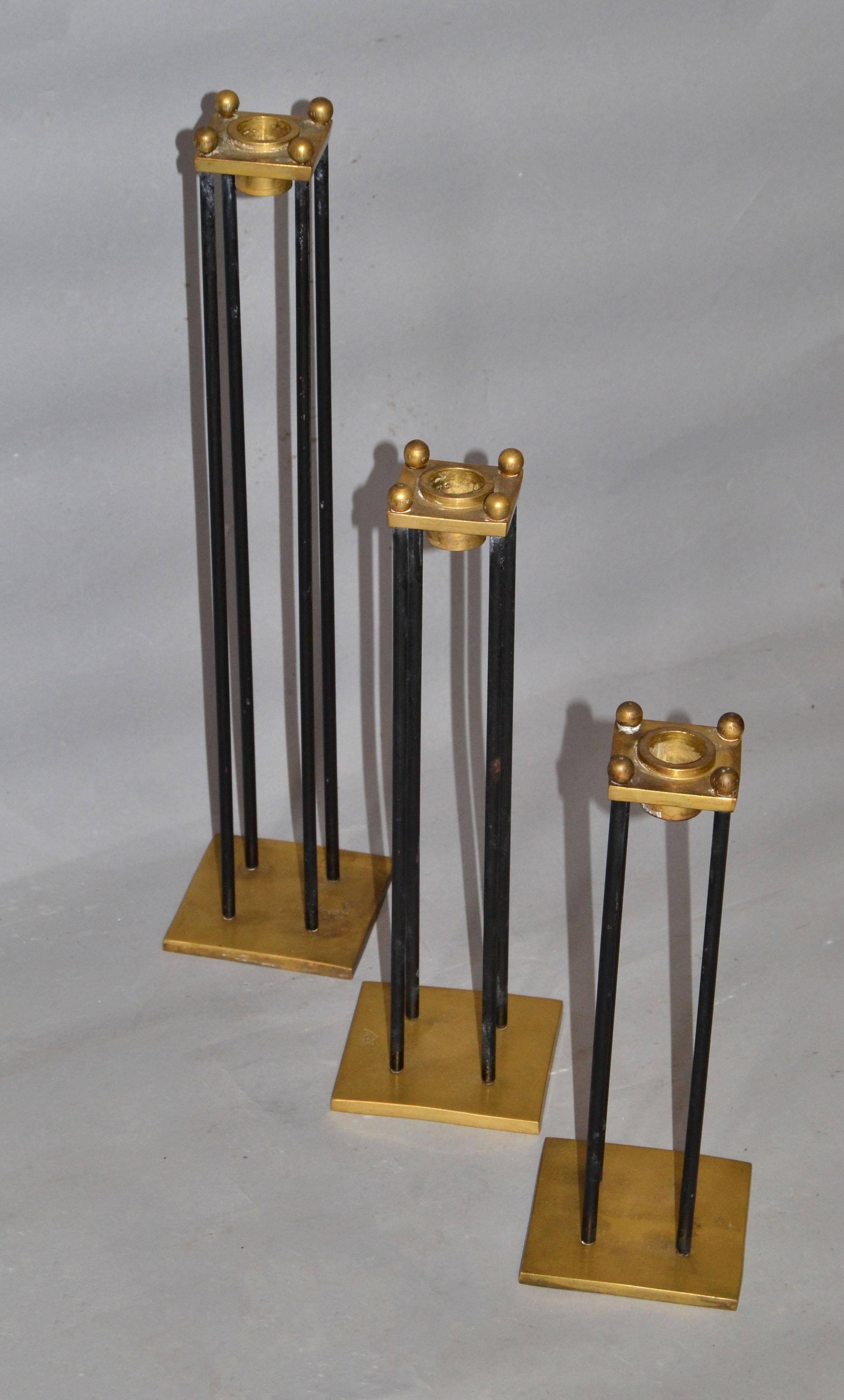 Mid-Century Modern Brass & Black Enamel Candle Holders, Candlesticks, Set of 3  For Sale 2