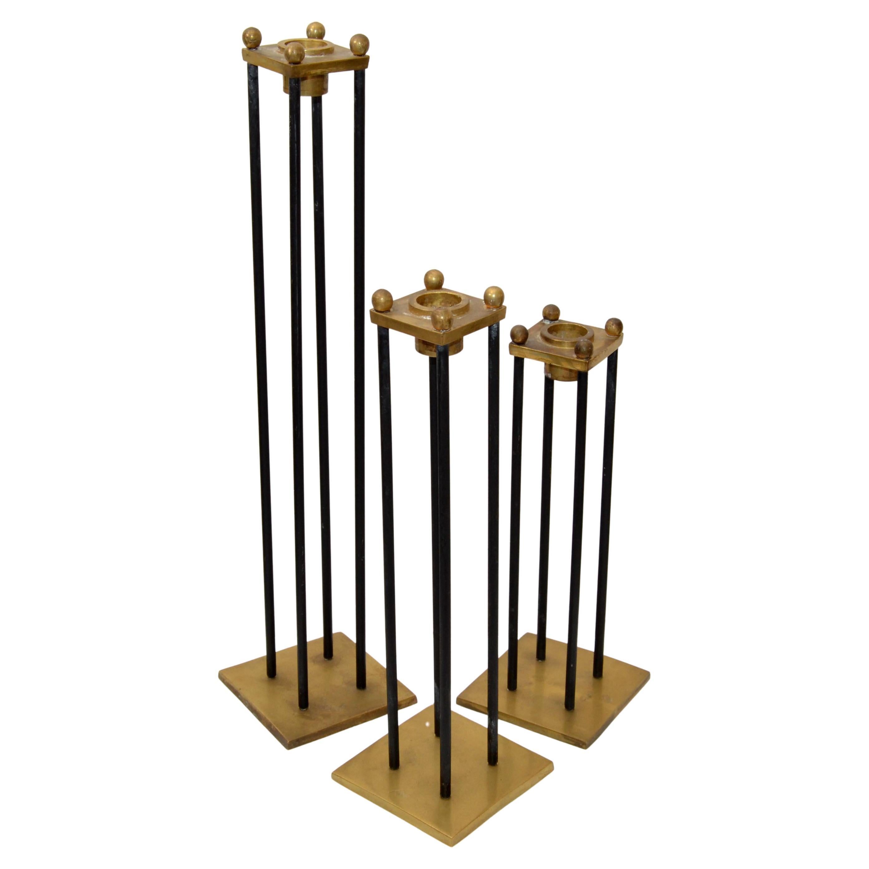 Mid-Century Modern Brass & Black Enamel Candle Holders, Candlesticks, Set of 3  For Sale