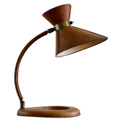 Mid-Century Modern Brass Brown Leather Lamp, Jacques Adnet, France, 1950s