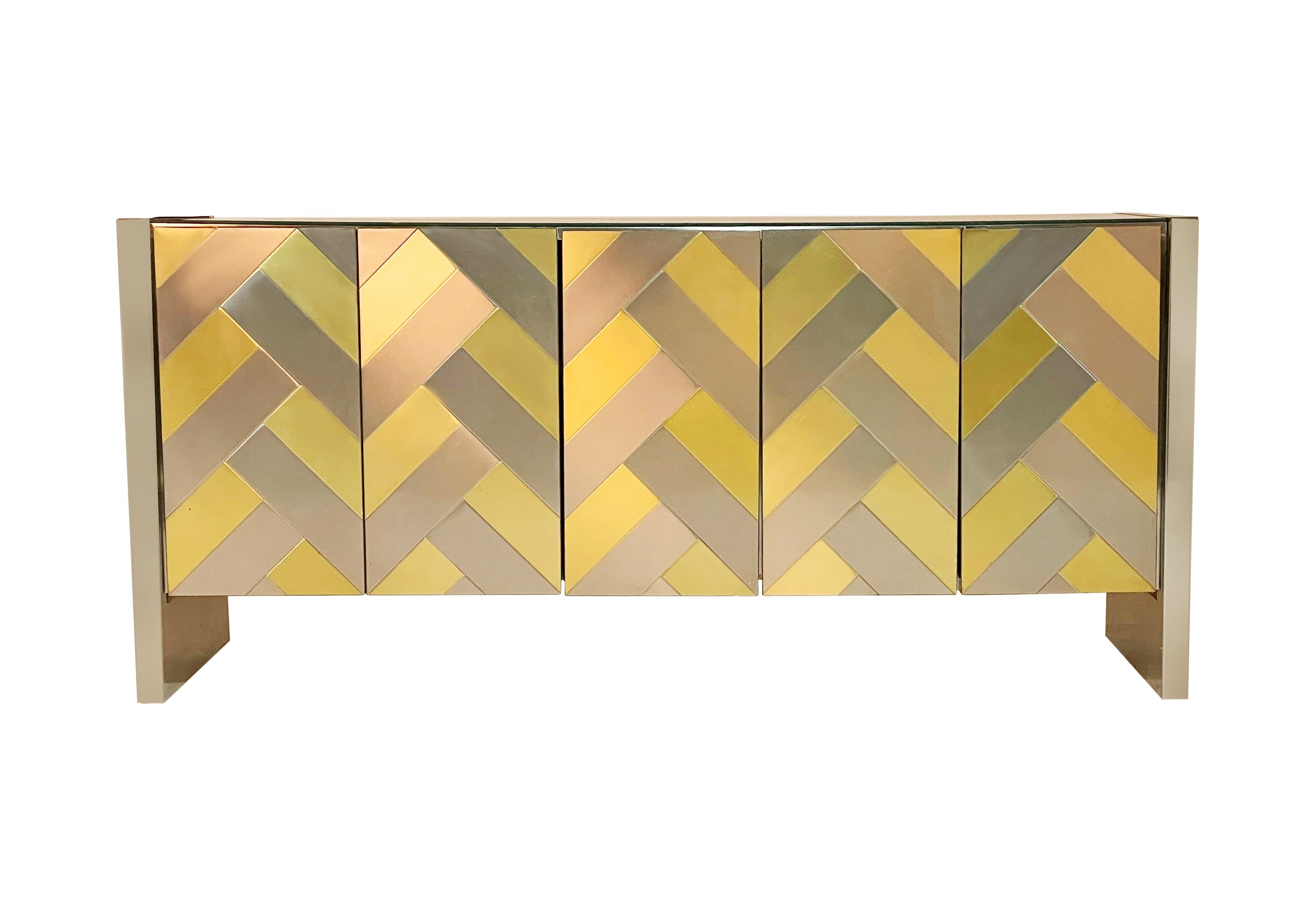 American Mid-Century Modern Brass & Brushed Steel Herringbone Credenza or Cabinet by Ello For Sale