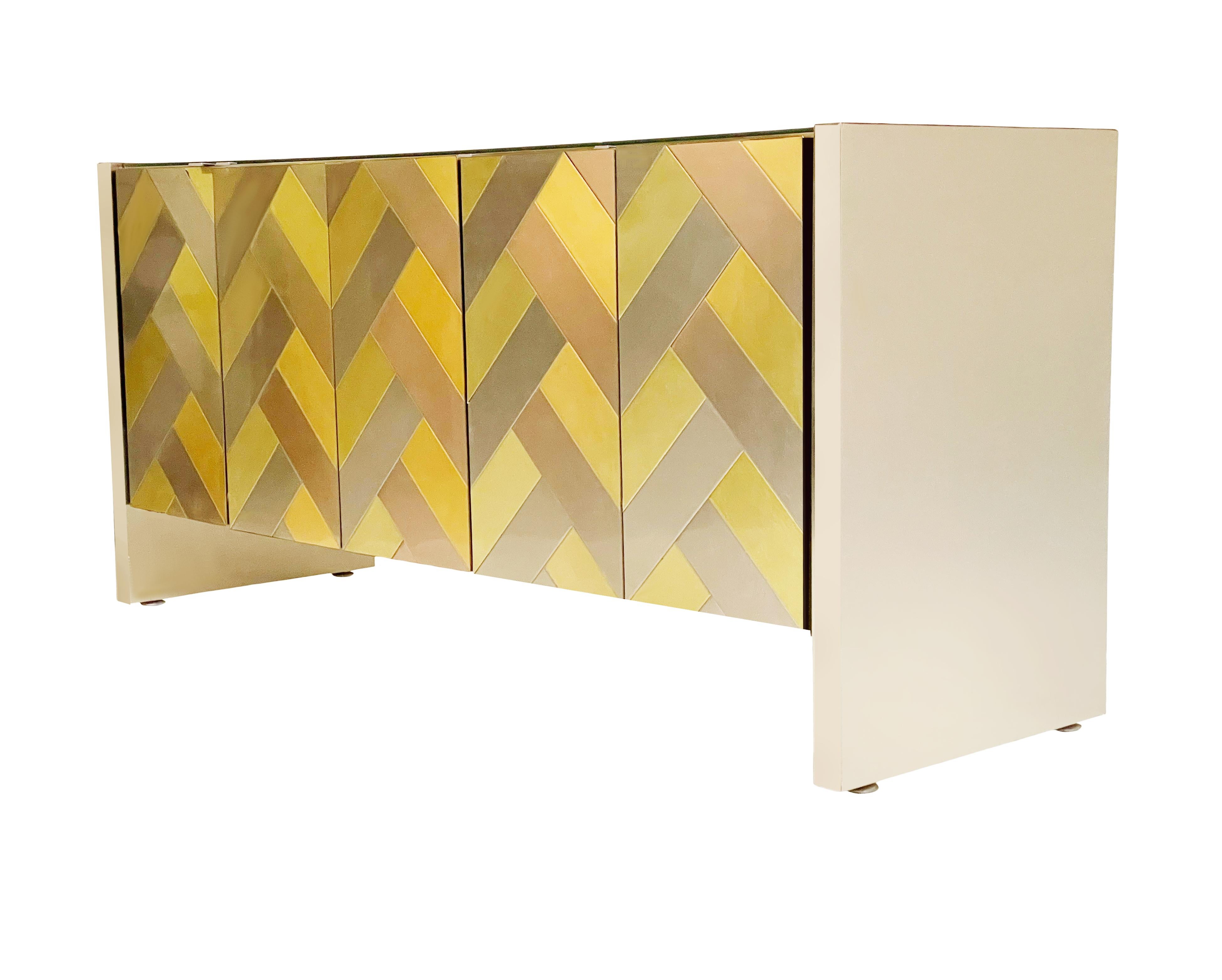 Mid-Century Modern Brass & Brushed Steel Herringbone Credenza or Cabinet by Ello In Good Condition For Sale In Philadelphia, PA