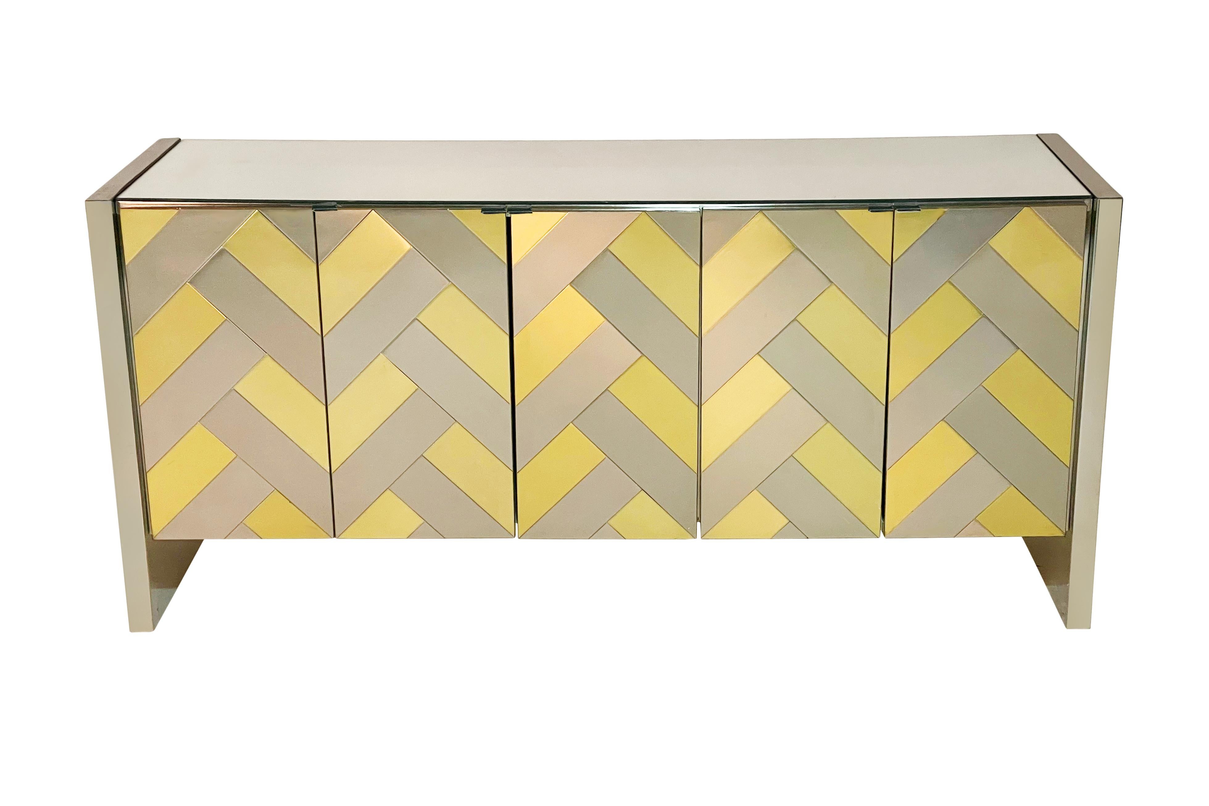 Late 20th Century Mid-Century Modern Brass & Brushed Steel Herringbone Credenza or Cabinet by Ello For Sale