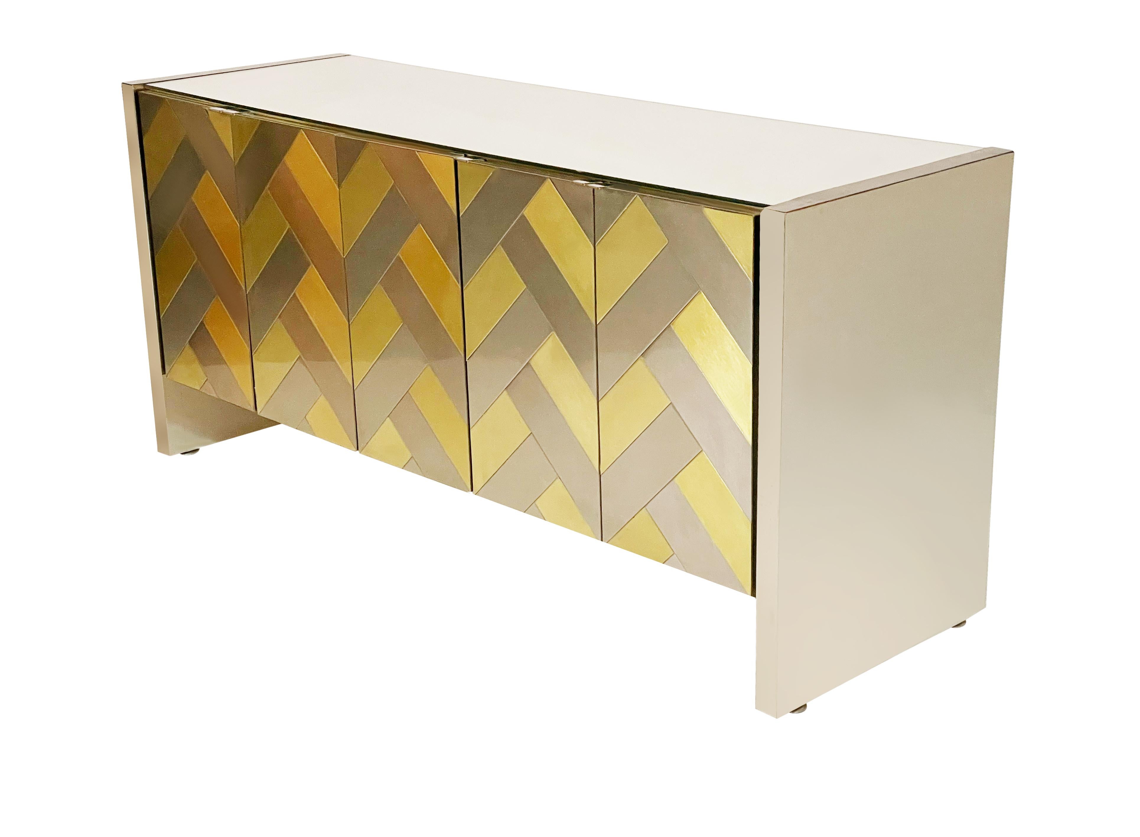 Mid-Century Modern Brass & Brushed Steel Herringbone Credenza or Cabinet by Ello For Sale 1