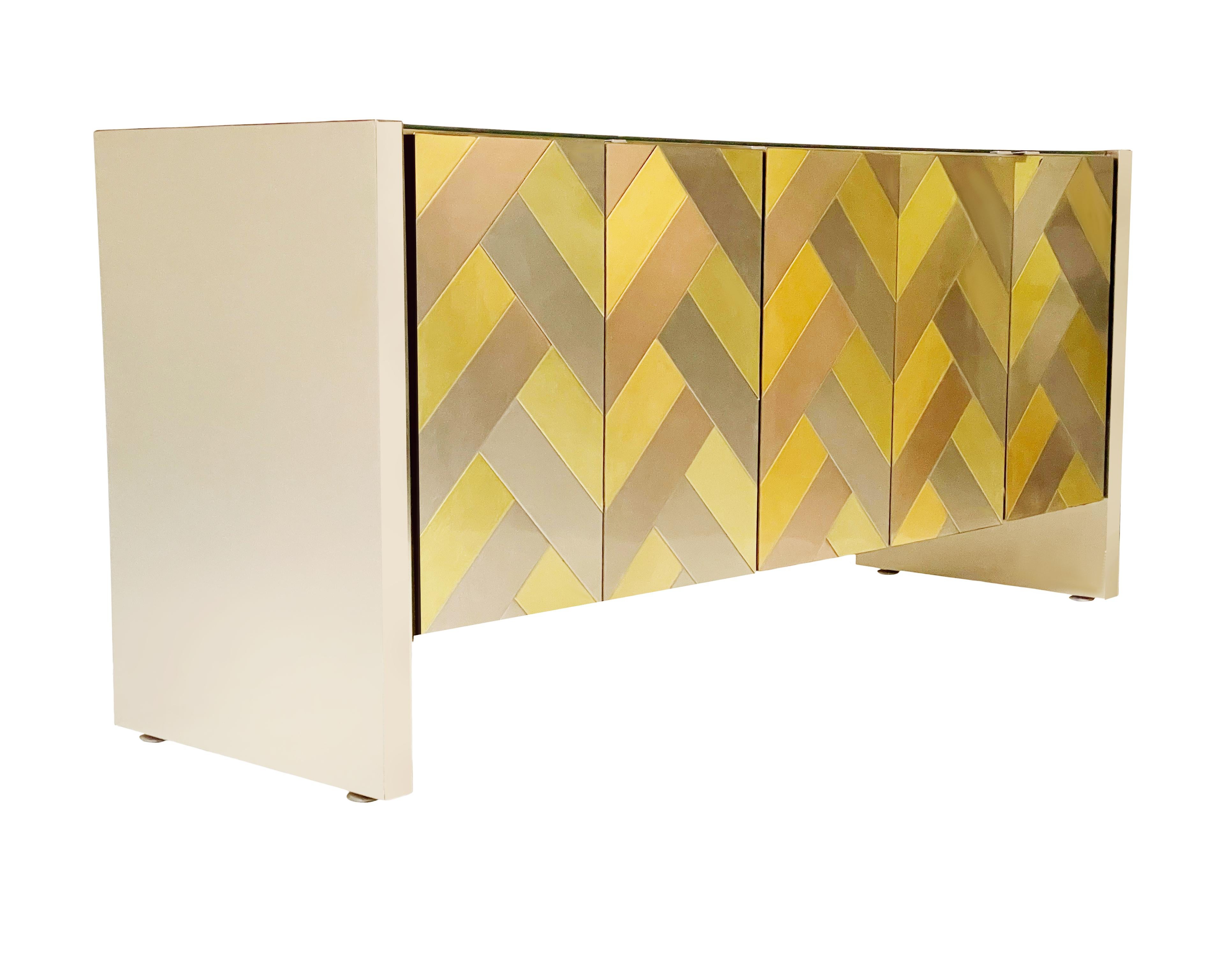 Mid-Century Modern Brass & Brushed Steel Herringbone Credenza or Cabinet by Ello For Sale 3