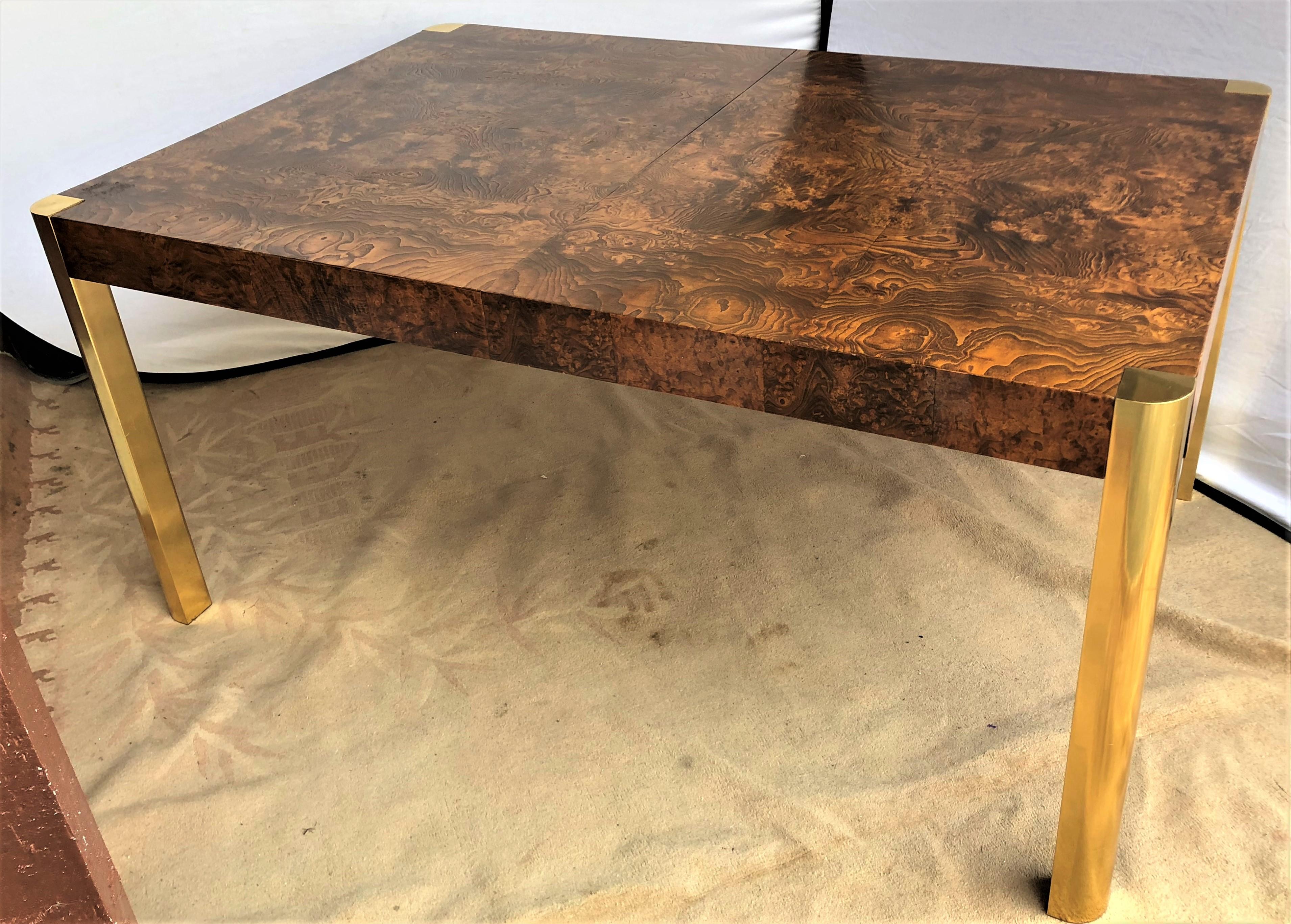 Mid-Century Modern Brass & Burl Wood Milo Baughman Dining Table with Two Leaves  3