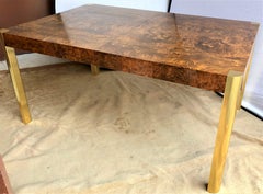 Mid-Century Modern Brass & Burl Wood Milo Baughman Dining Table with Two Leaves