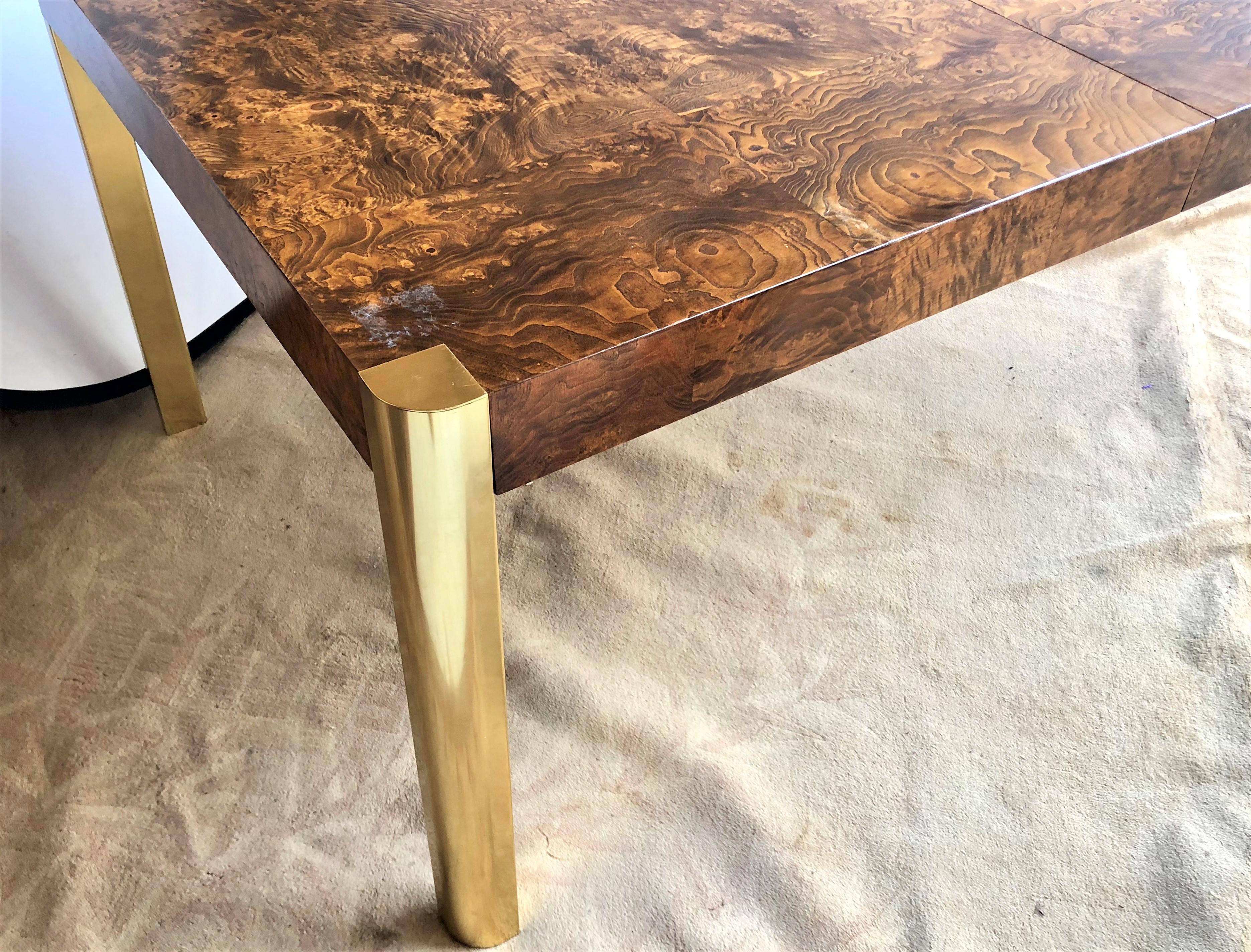 Mid-Century Modern Brass & Burl Wood Milo Baughman Dining Table with Two Leaves  In Good Condition In Stamford, CT