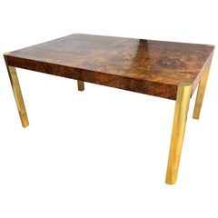 Mid-Century Modern Brass & Burl Wood Milo Baughman Dining Table with Two Leaves 