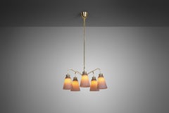 Mid-Century Modern Brass Ceiling Lamp with Striped Glass Shades, Europe ca 1950s