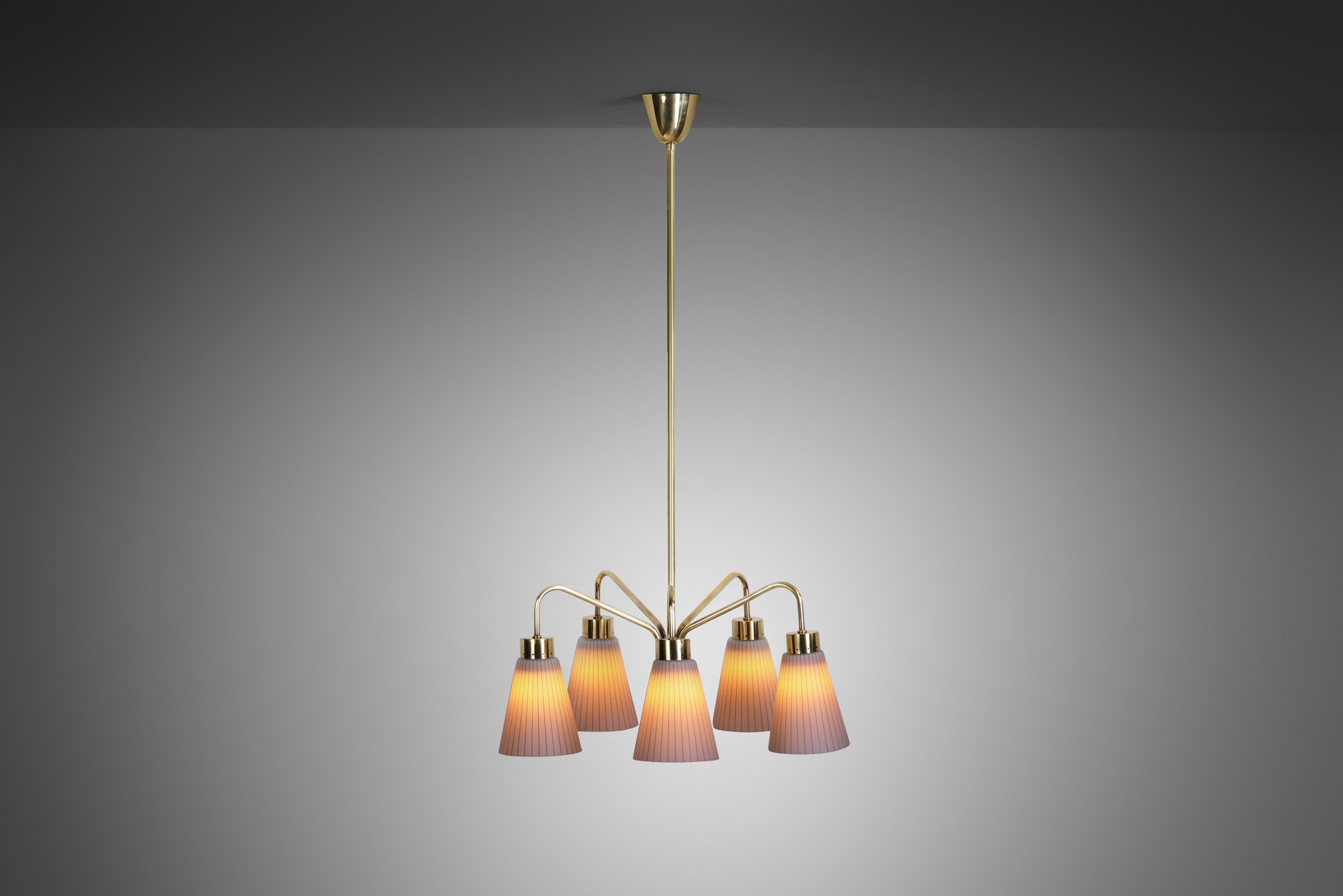 Mid-Century Modern Brass Ceiling Lamp with Striped Glass Shades, Europe ca 1950s For Sale 1