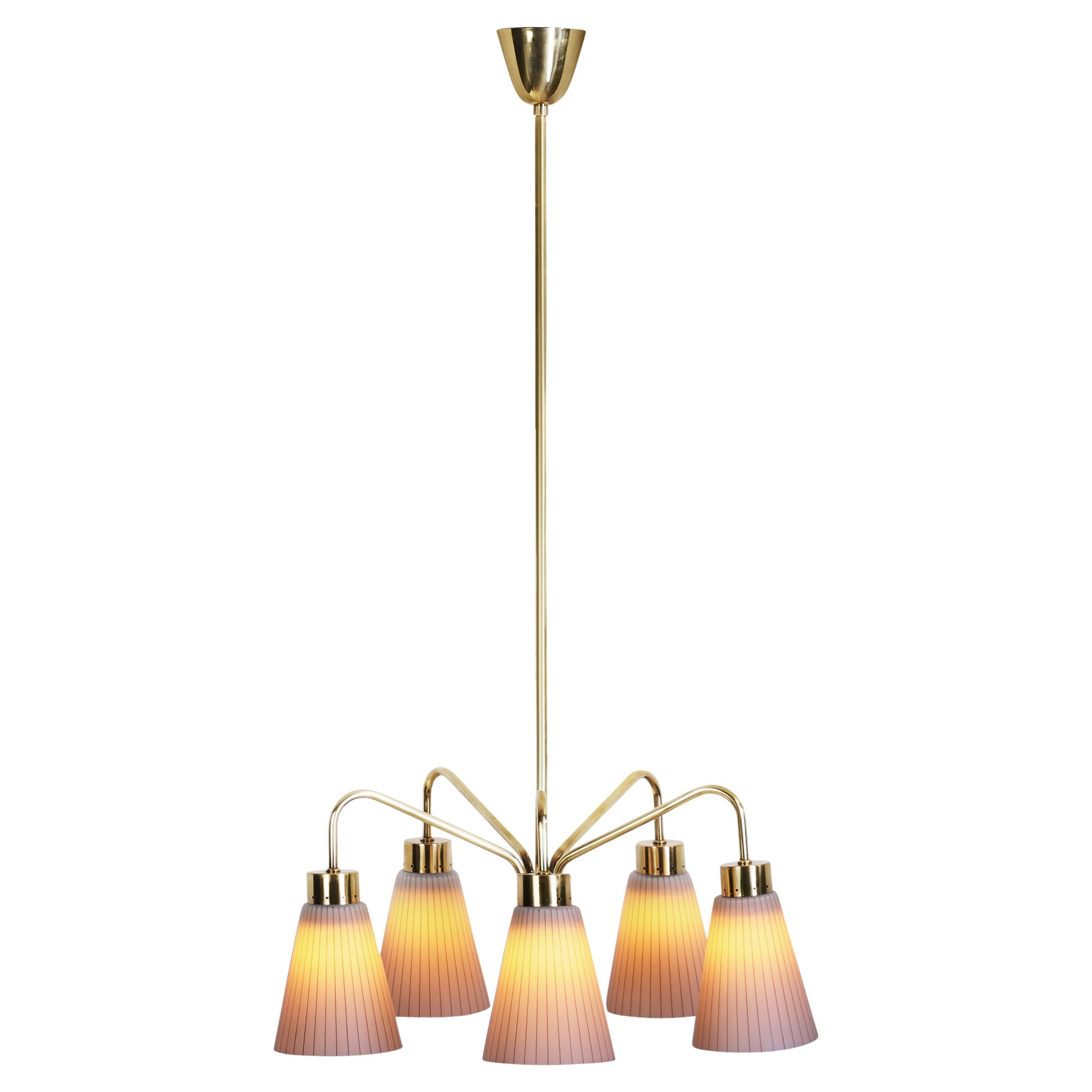 Mid-Century Modern Brass Ceiling Lamp with Striped Glass Shades, Europe ca 1950s For Sale