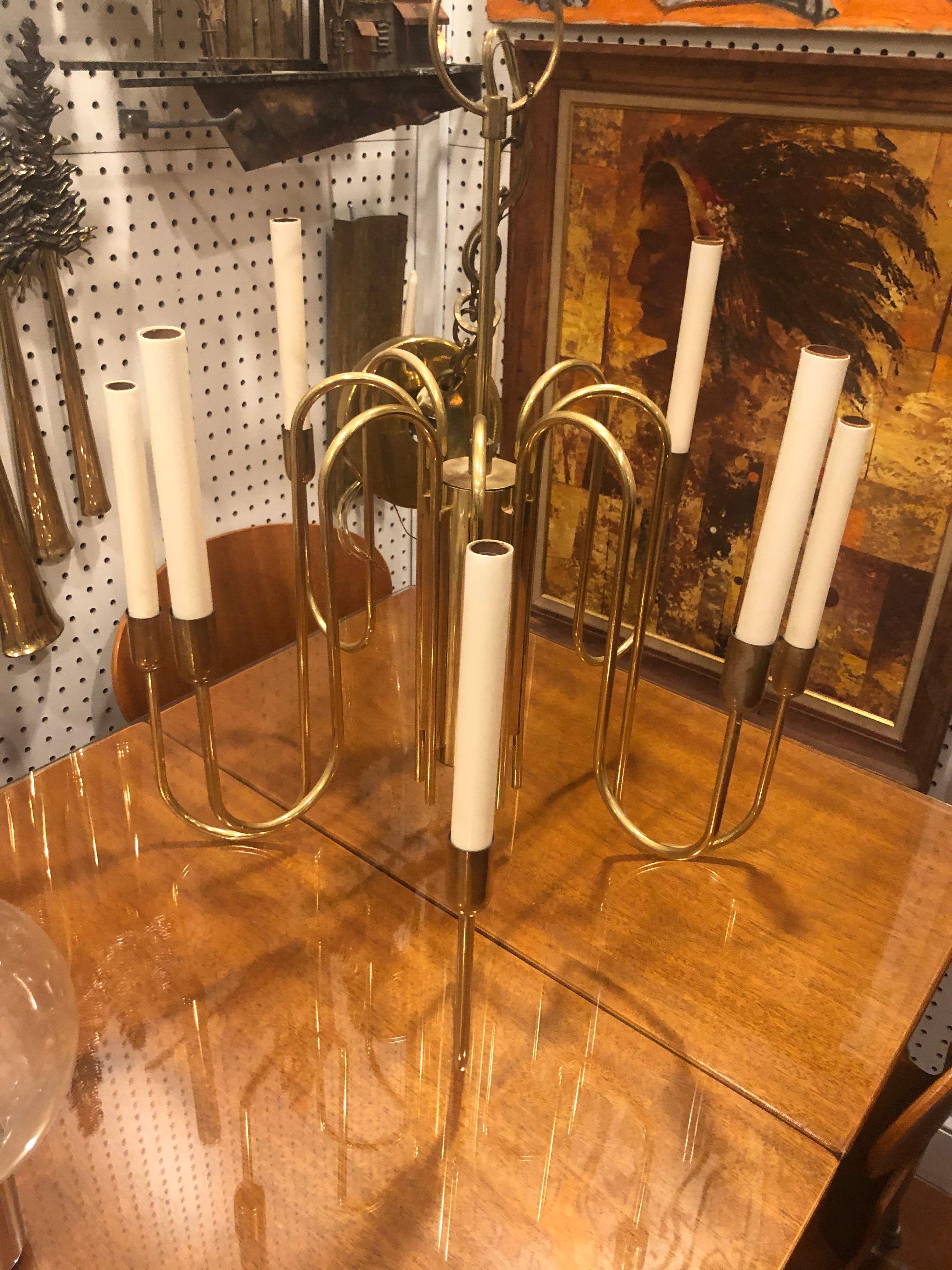 Mid-20th Century Mid-Century Modern Brass Chandelier Attributed to Tommi Parzinger For Sale