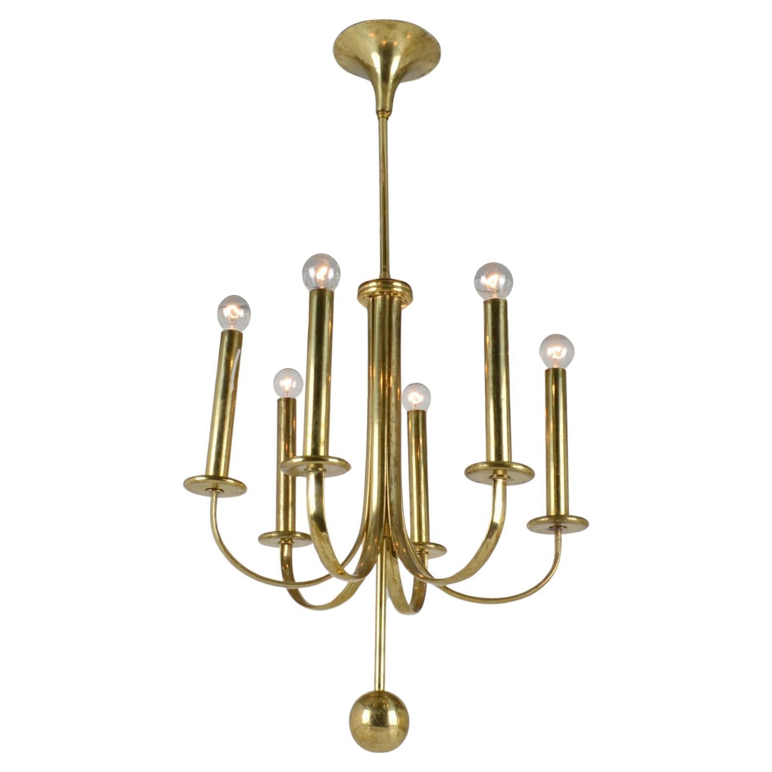 Mid-Century Modern Brass Chandelier, Six Arms, Austrian Design