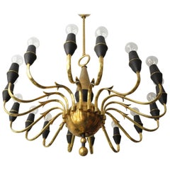 Mid-Century Modern Brass Chandelier with 16 Sockets, Made in Italy