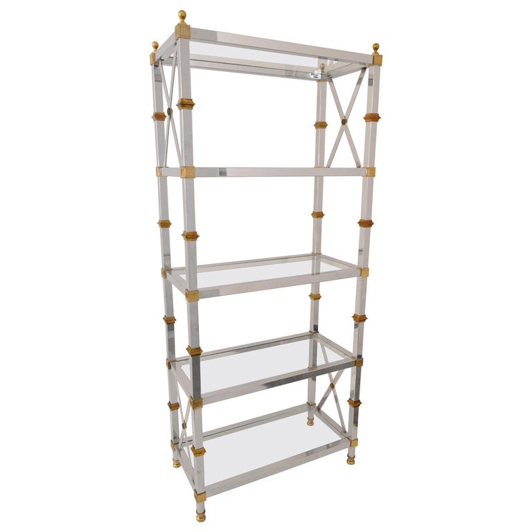 MidCentury Modern Brass, Chrome and Glass Shelf Regency Style Étagère