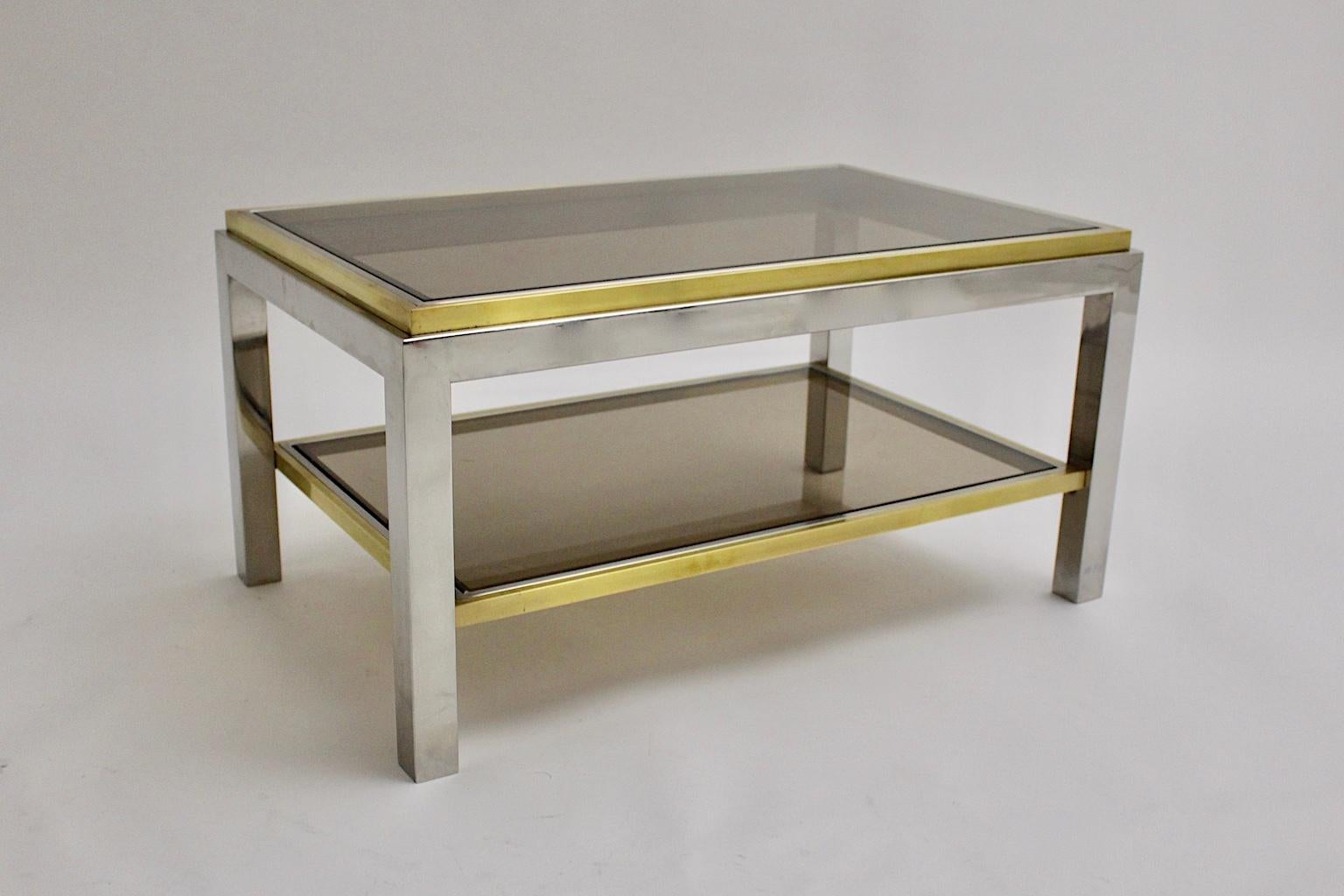 Late 20th Century Mid-Century Modern Brass Chrome Coffee Table by Willy Rizzo Signed 1970s Italy For Sale