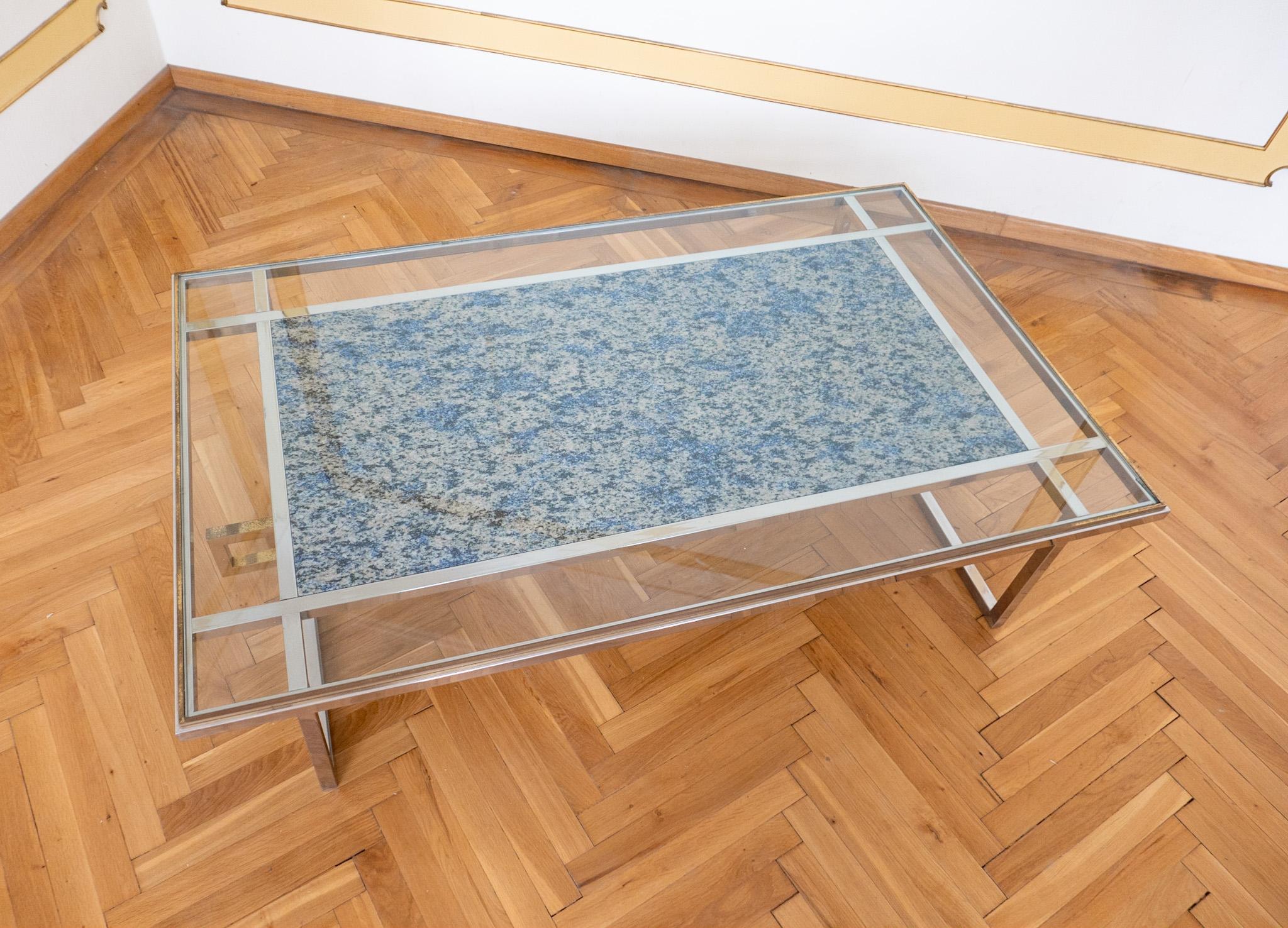 Italian Mid-Century Modern Brass Chrome Glass Marble Coffee Table, Italy 1970s For Sale