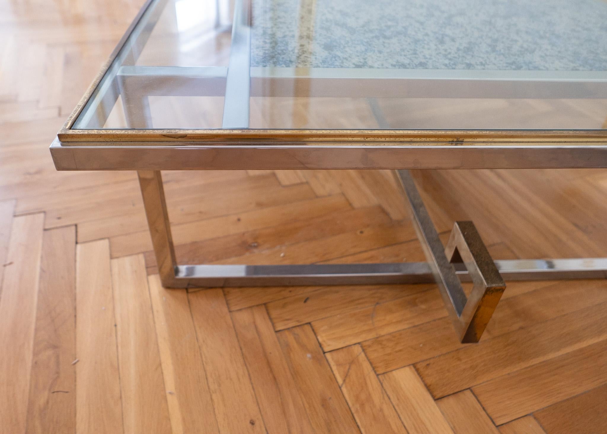 Late 20th Century Mid-Century Modern Brass Chrome Glass Marble Coffee Table, Italy 1970s For Sale