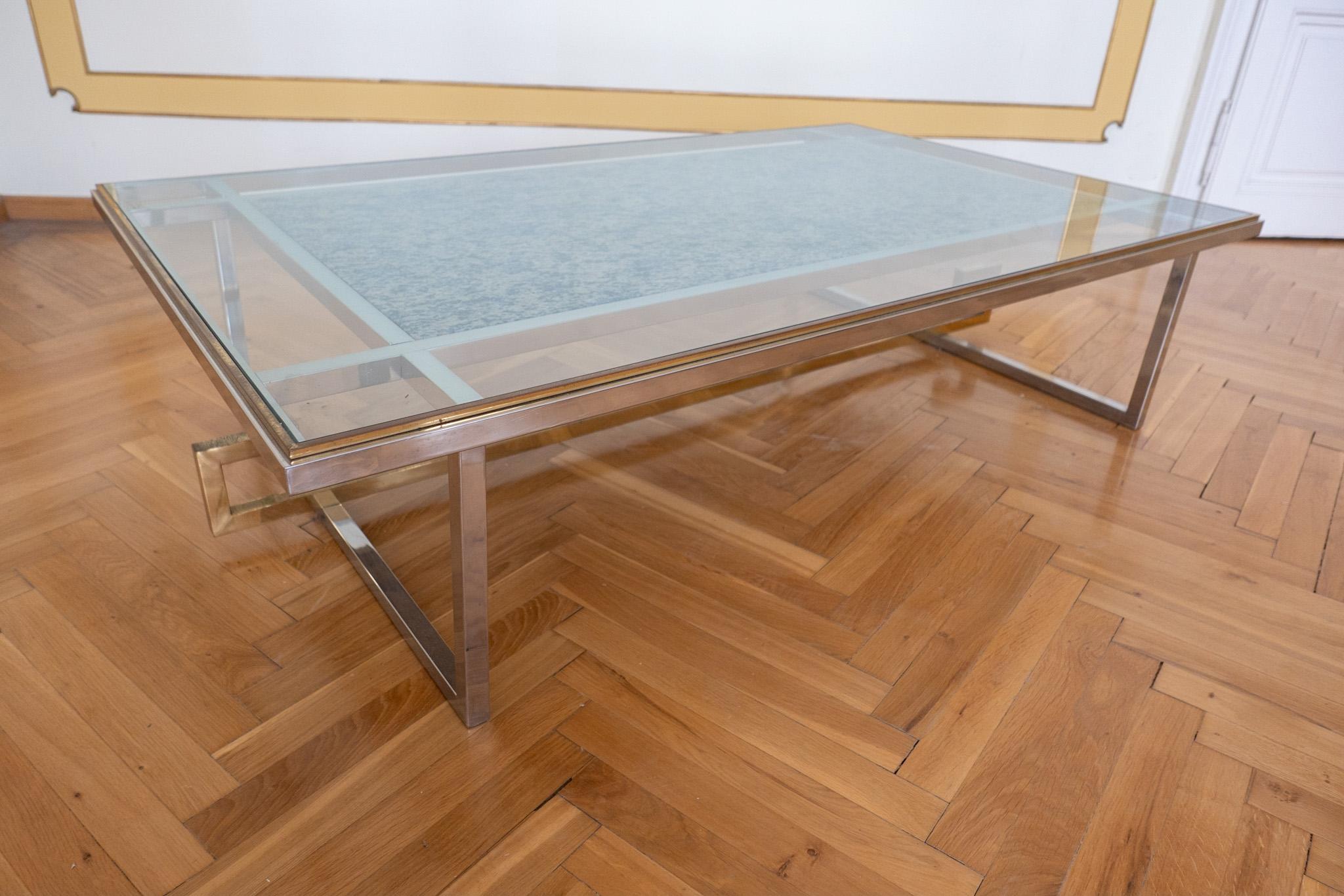 Mid-Century Modern Brass Chrome Glass Marble Coffee Table, Italy 1970s In Good Condition For Sale In Vienna, AT