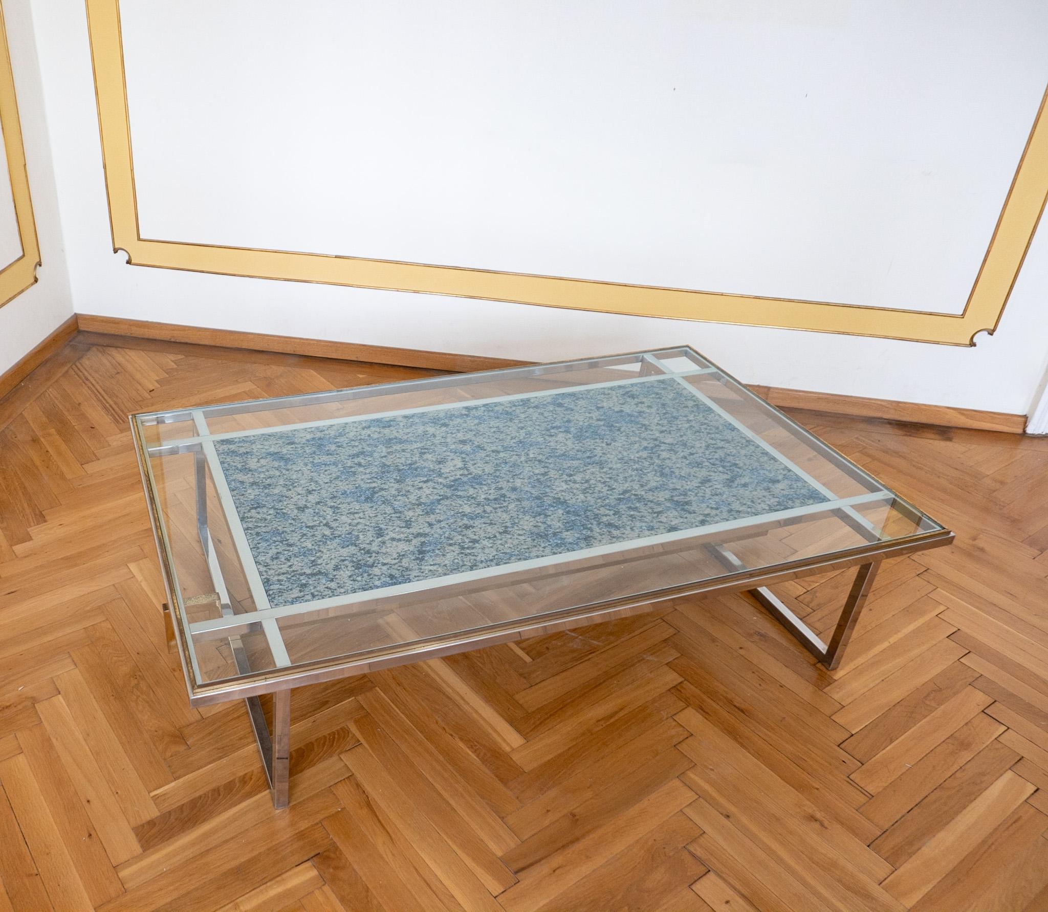 Mid-Century Modern Brass Chrome Glass Marble Coffee Table in the Style of Romeo Rega, Italy 1970s.

Introducing a masterpiece of mid-century modern design, the large brass chrome glass coffee table in the style of the Italian designer Romeo Rega