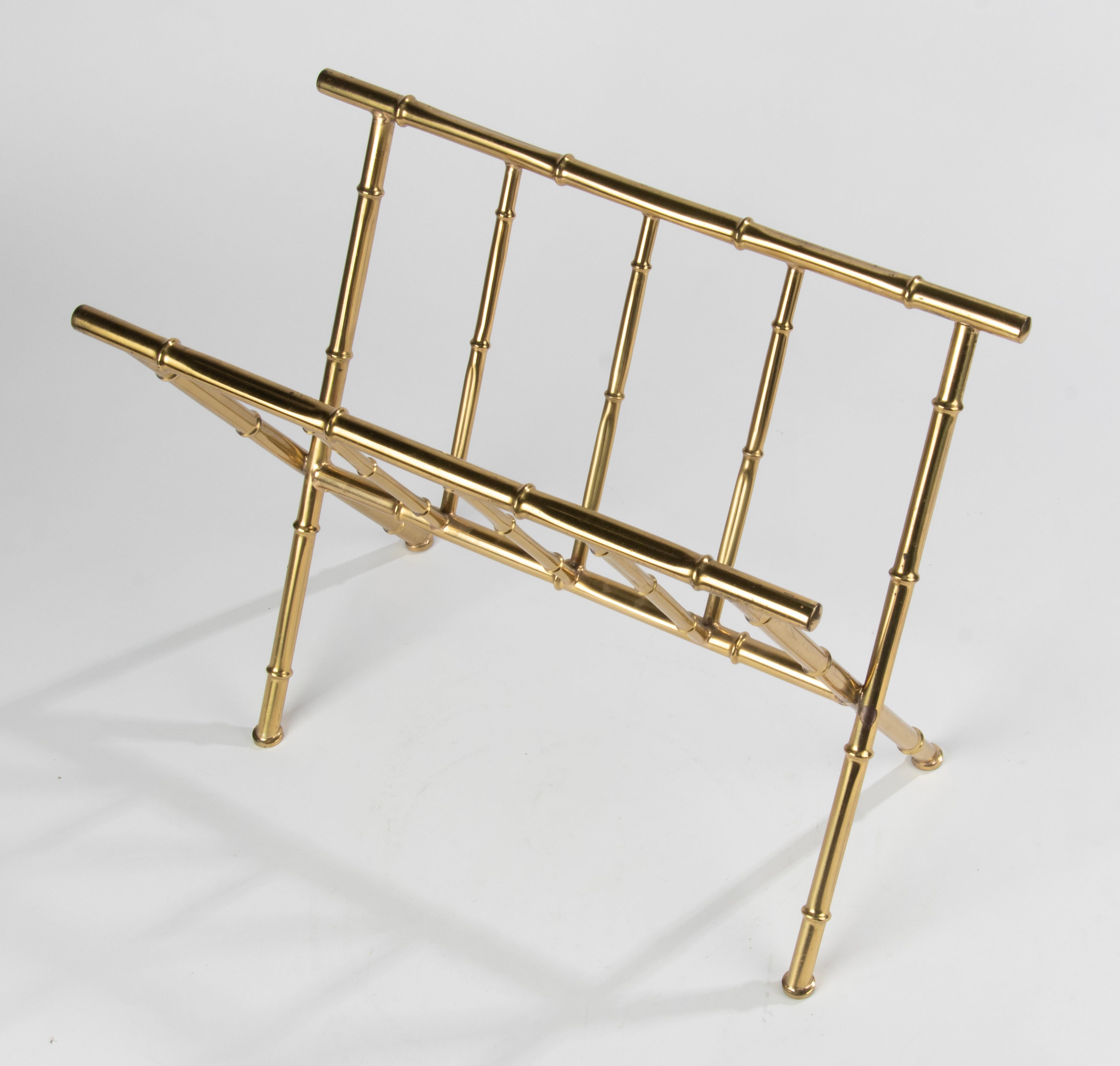 Mid-20th Century Mid-Century Modern Brass Colored Faux Bamboo Magazine Rack/Stand Bagues Style For Sale