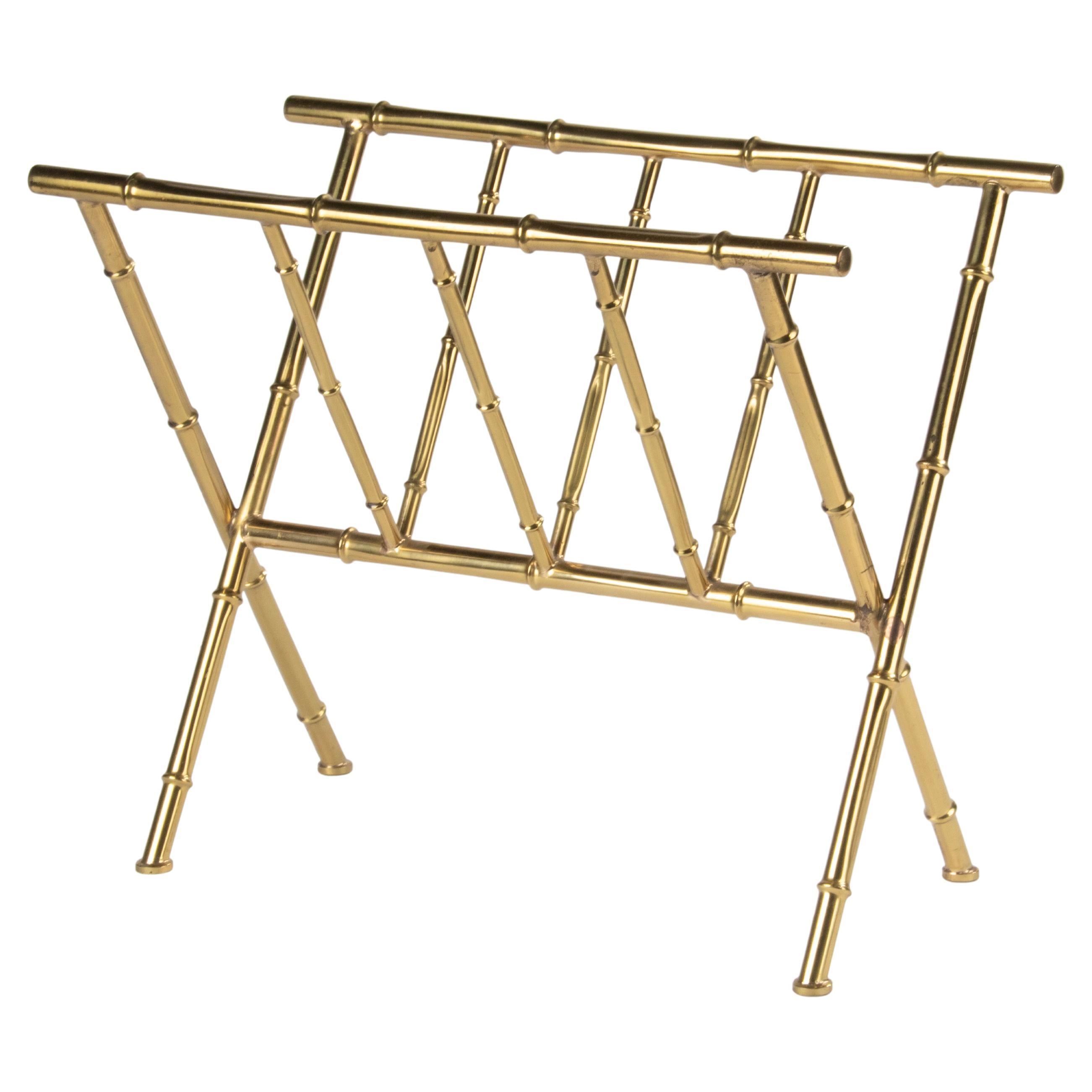 Mid-Century Modern Brass Colored Faux Bamboo Magazine Rack/Stand Bagues Style For Sale