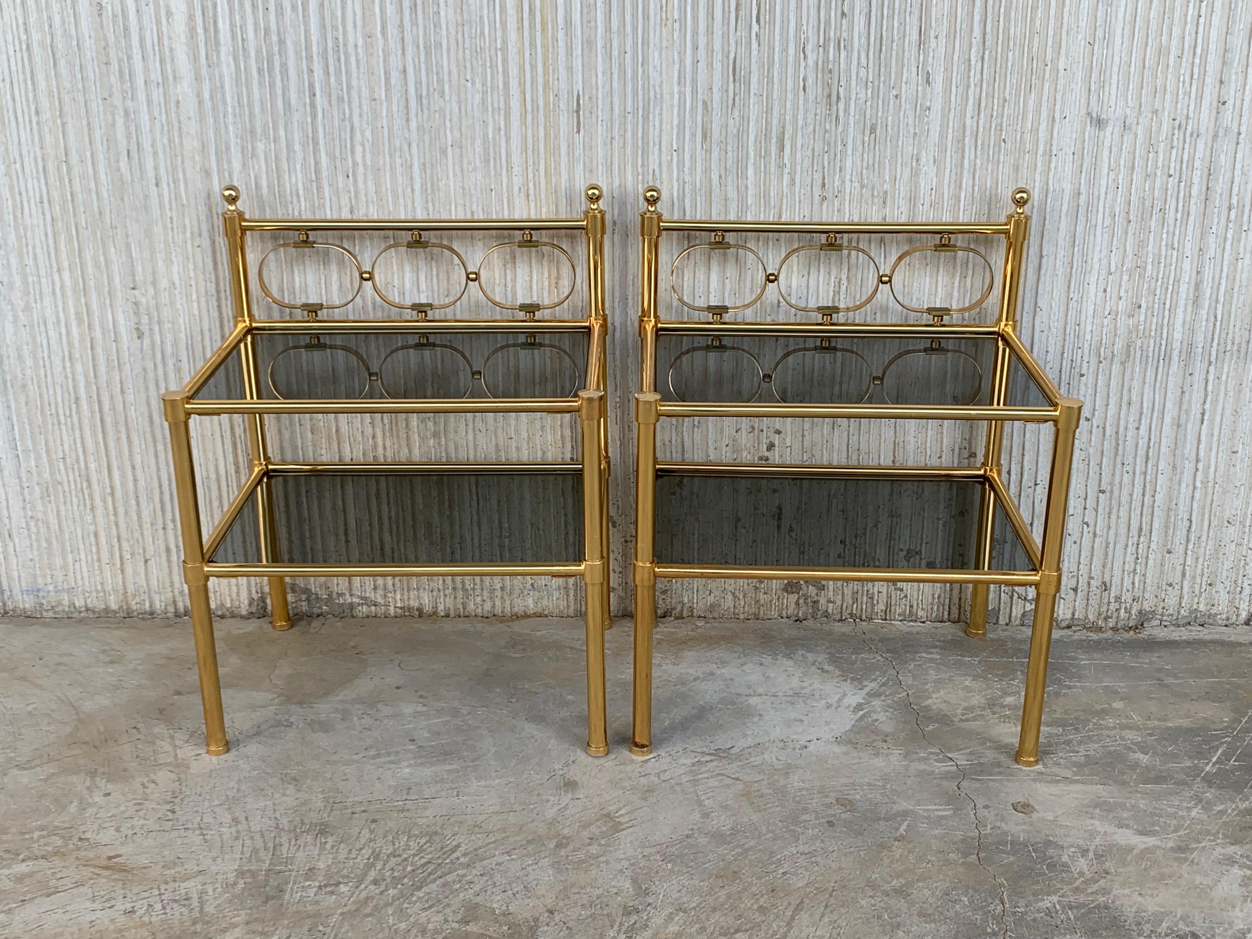 Mid-Century Modern Brass Console Table with Two Fumee Glass Shelves 5