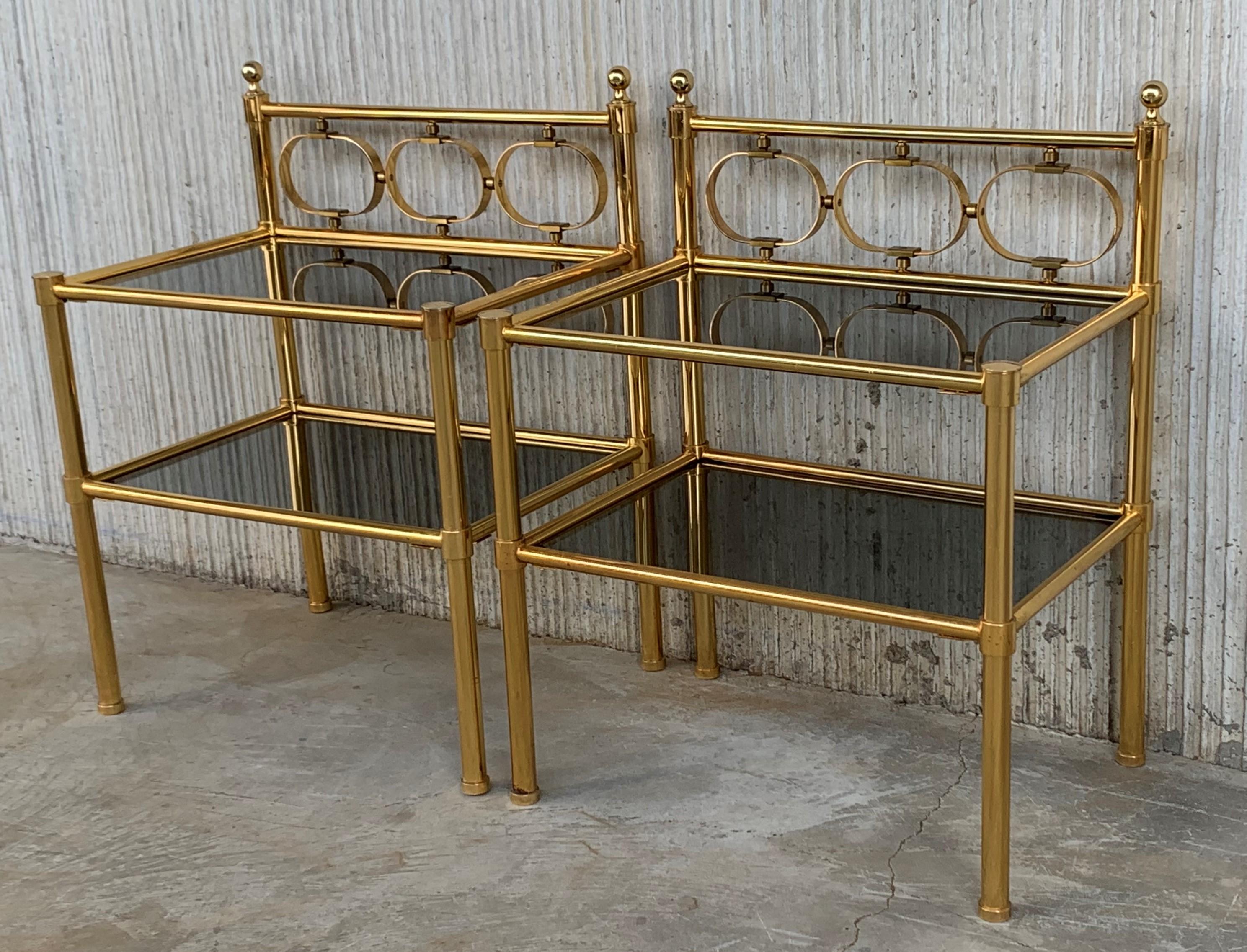 Mid-Century Modern Brass Console Table with Two Fumee Glass Shelves 6