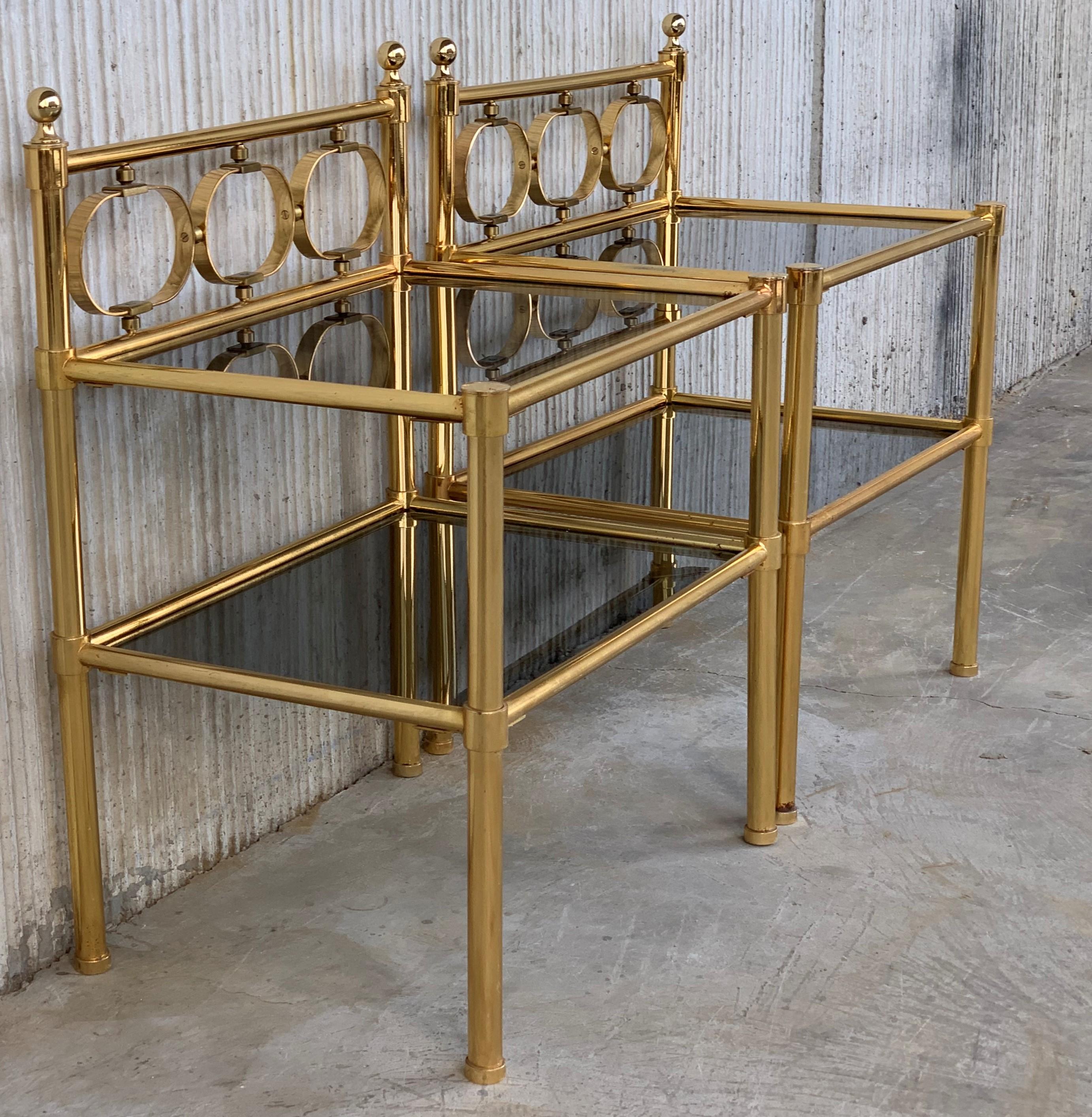 Mid-Century Modern Brass Console Table with Two Fumee Glass Shelves 7