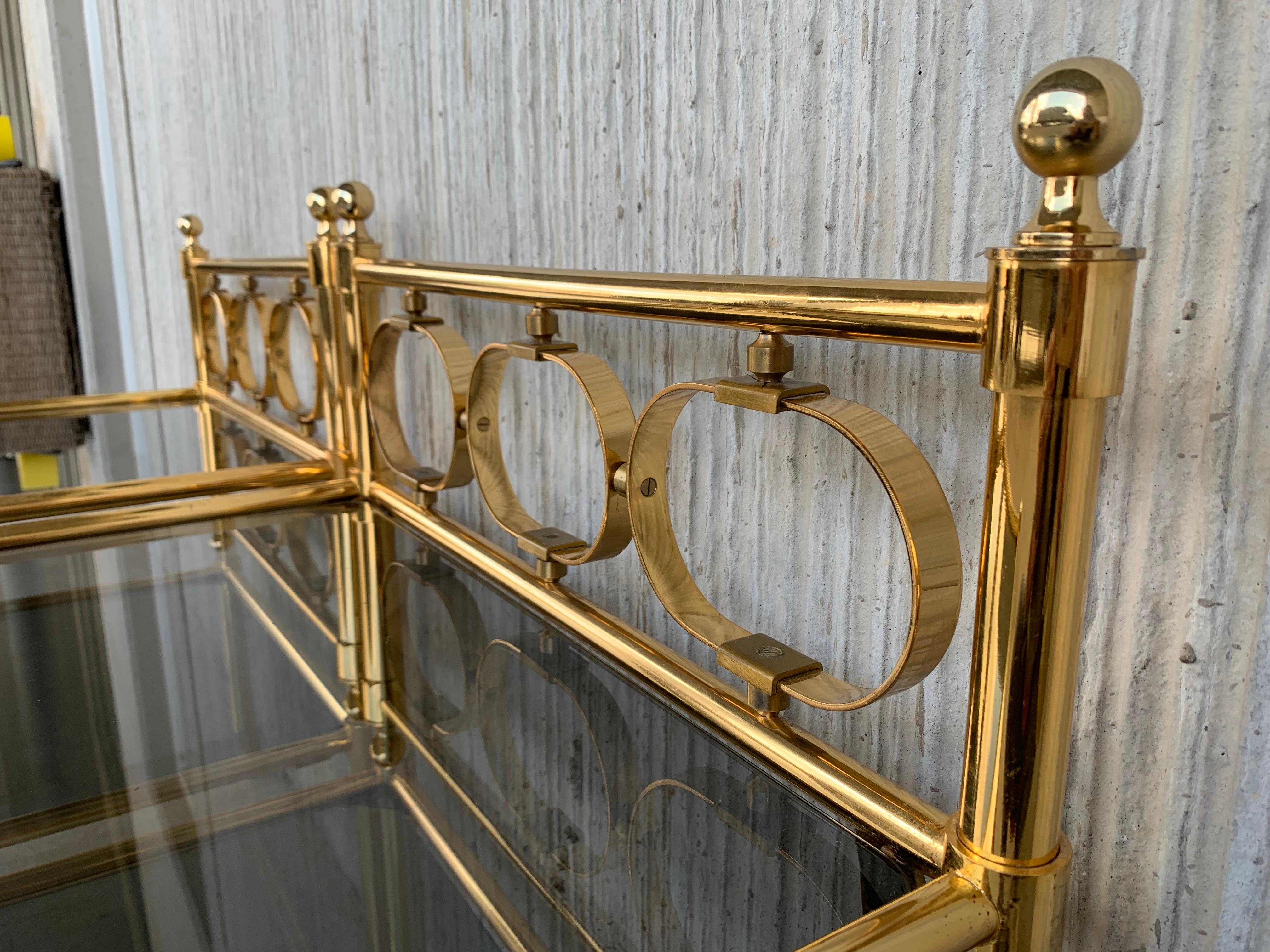 Mid-Century Modern Brass Console Table with Two Fumee Glass Shelves 8