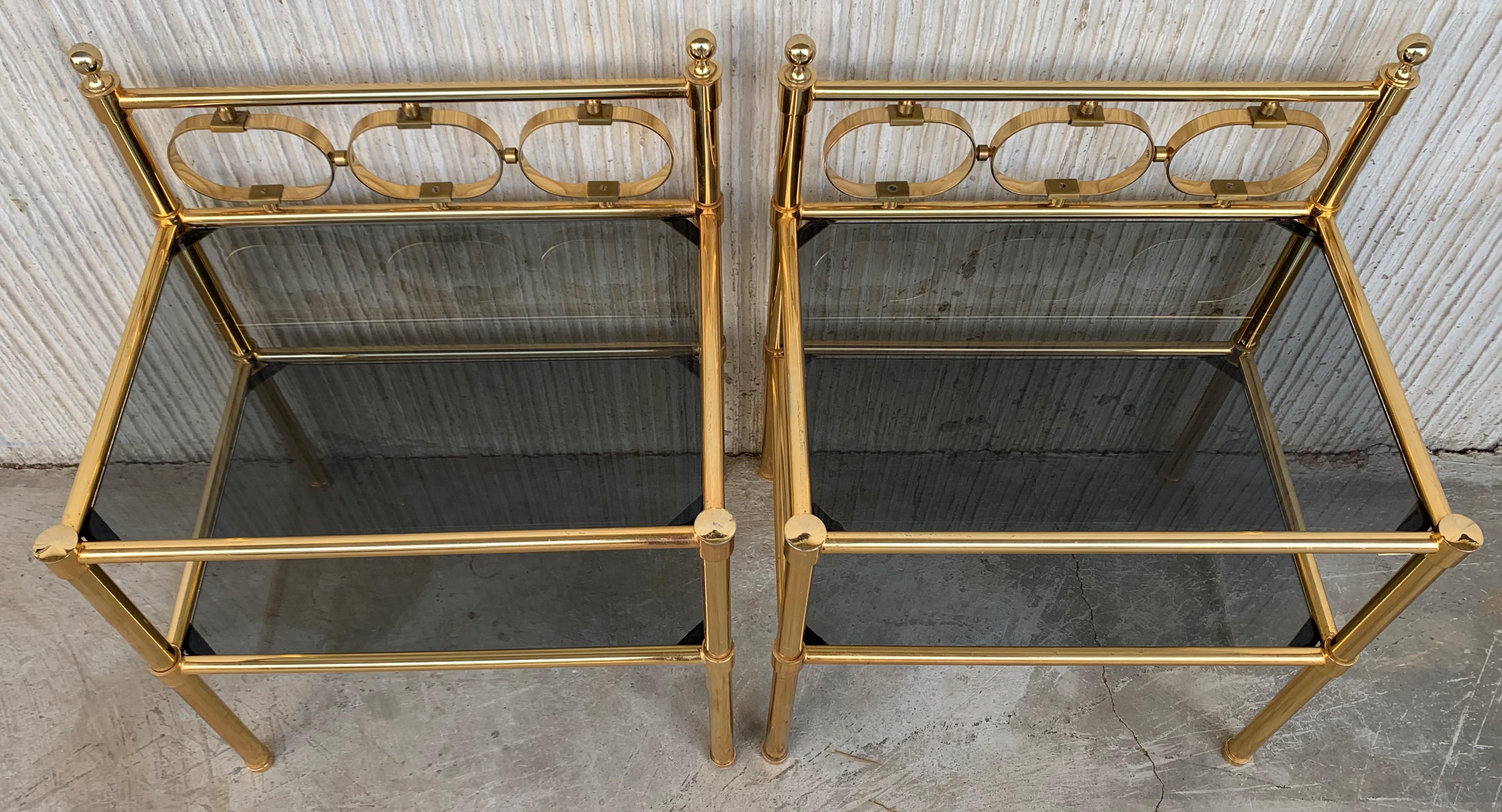 Mid-Century Modern Brass Console Table with Two Fumee Glass Shelves 10
