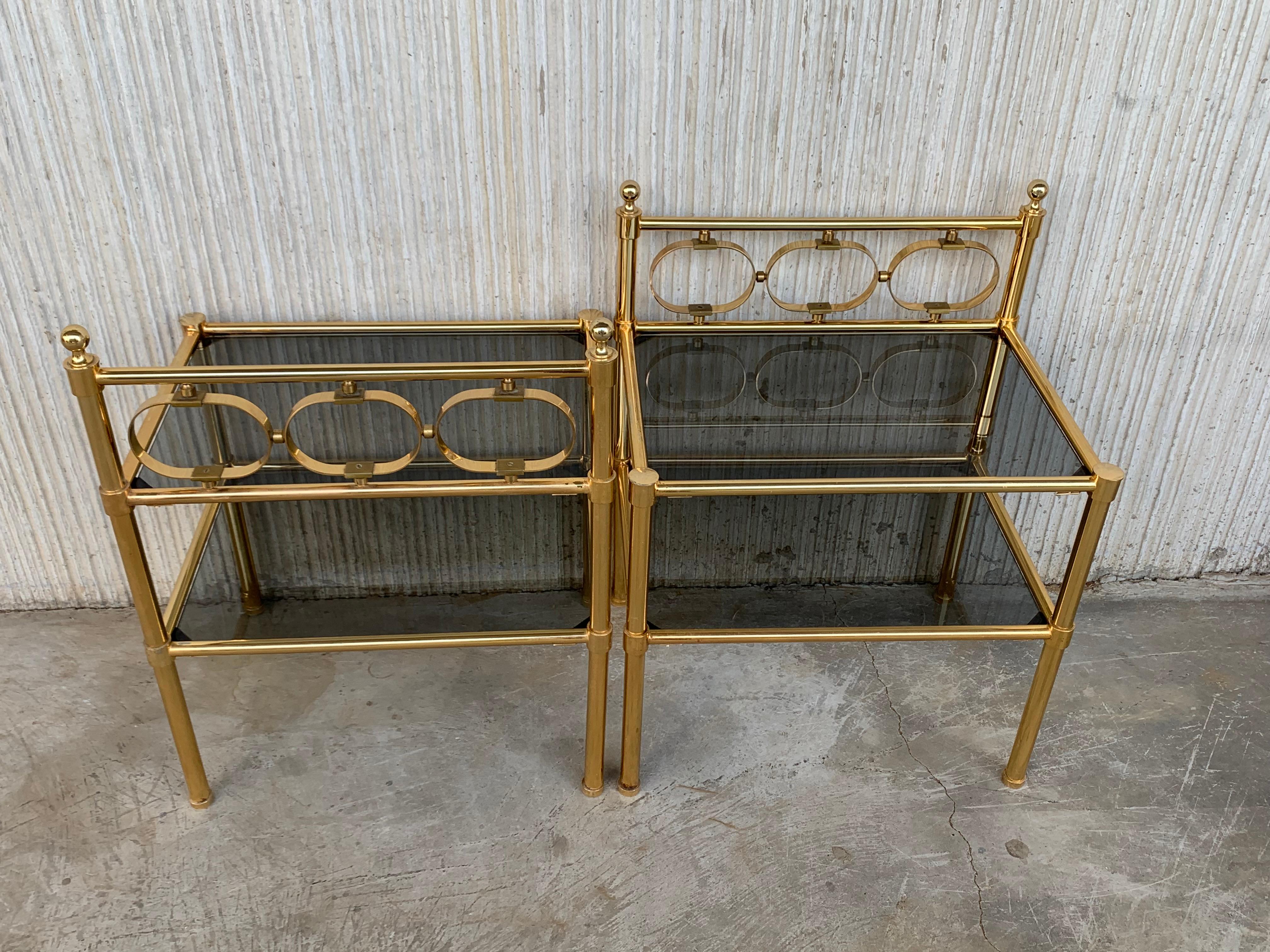 Mid-Century Modern Brass Console Table with Two Fumee Glass Shelves 11