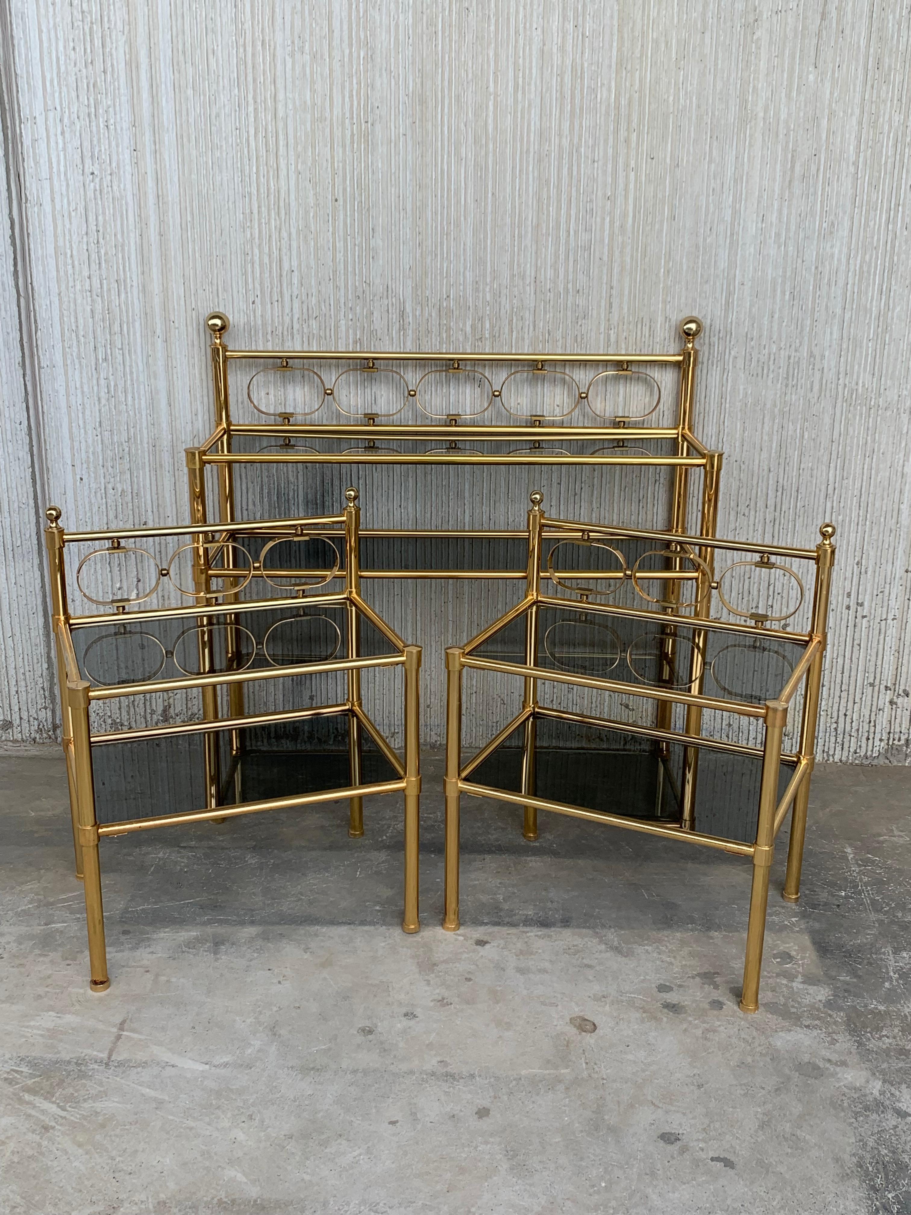 Mid-Century Modern Brass Console Table with Two Fumee Glass Shelves 12