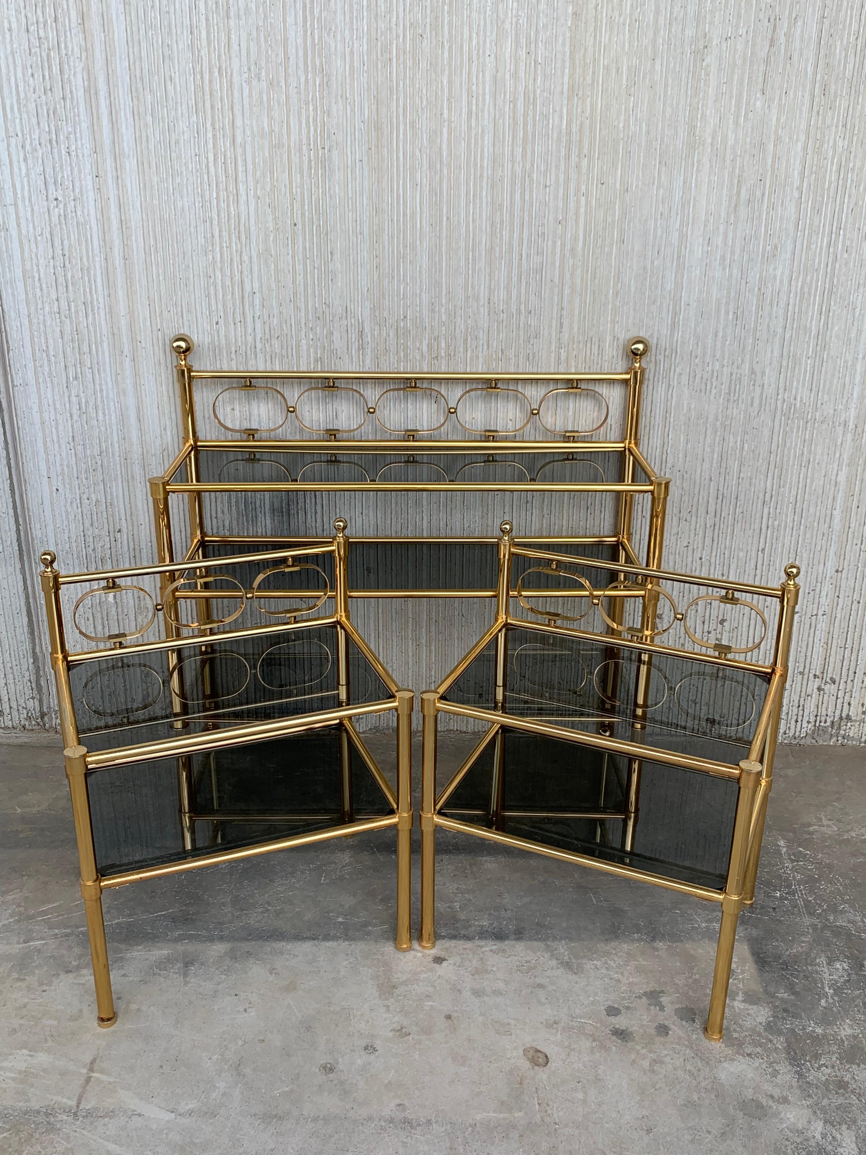 Mid-Century Modern Brass Console Table with Two Fumee Glass Shelves 13