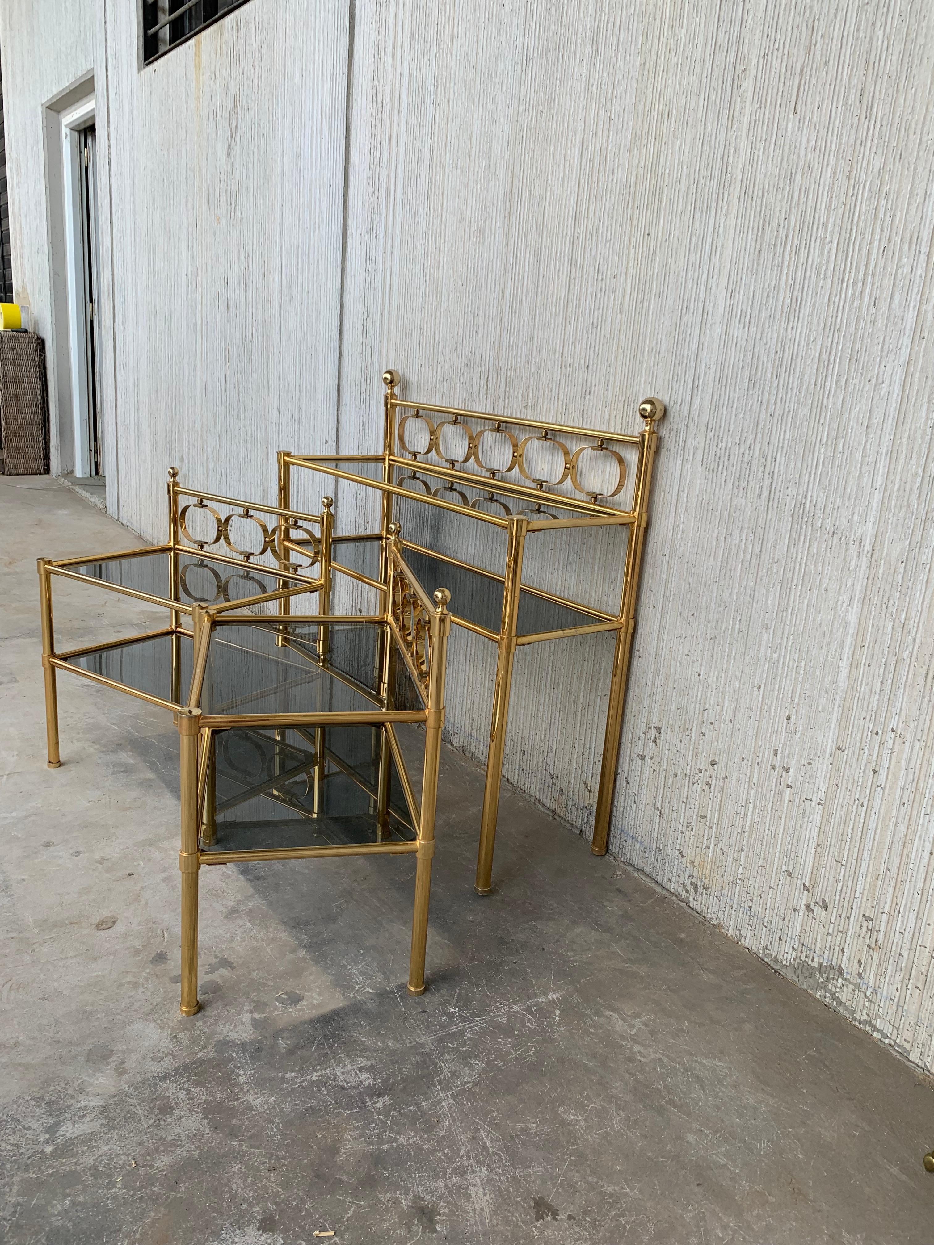 Mid-Century Modern Brass Console Table with Two Fumee Glass Shelves 14