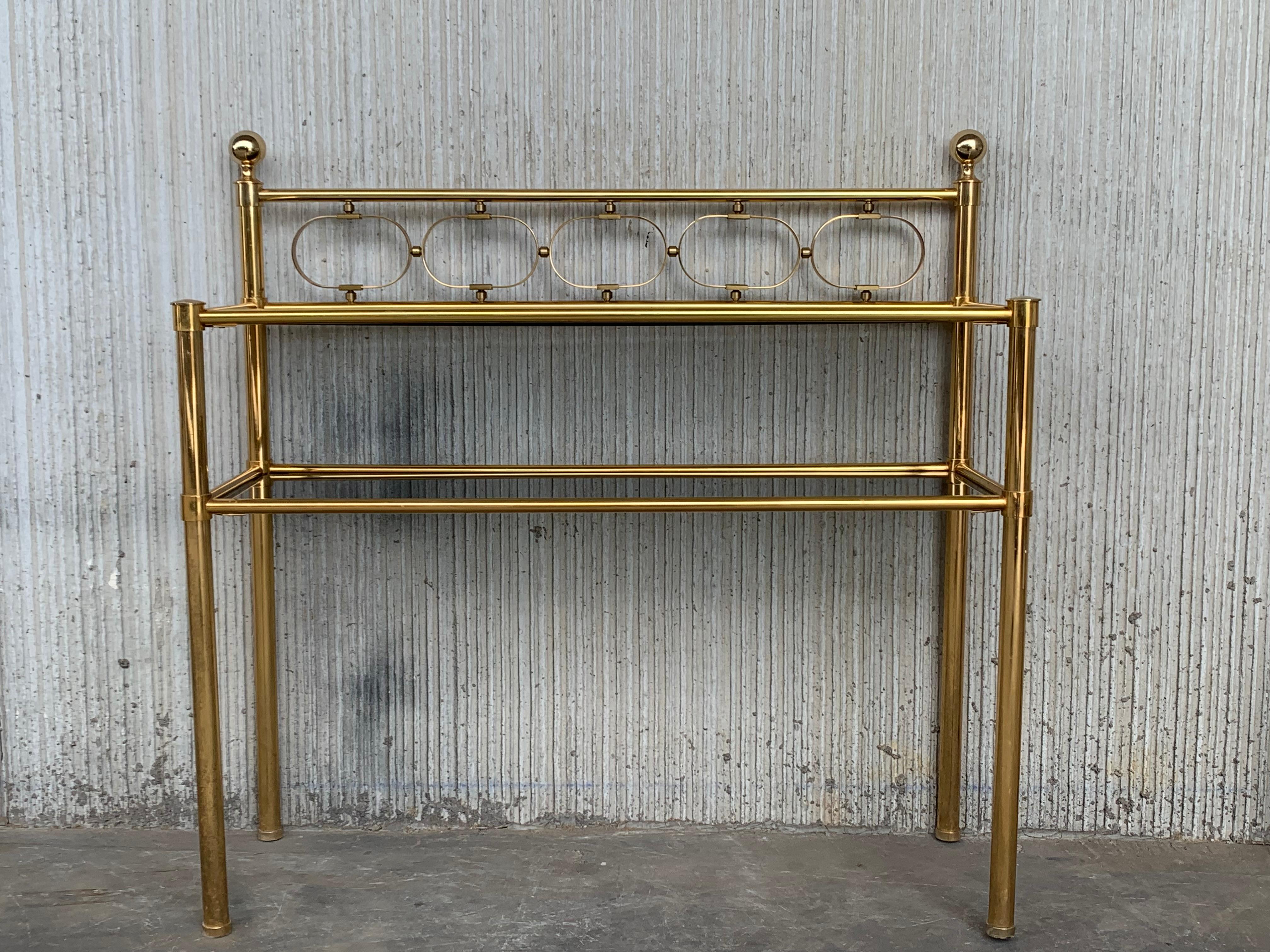 Spanish Mid-Century Modern Brass Console Table with Two Fumee Glass Shelves