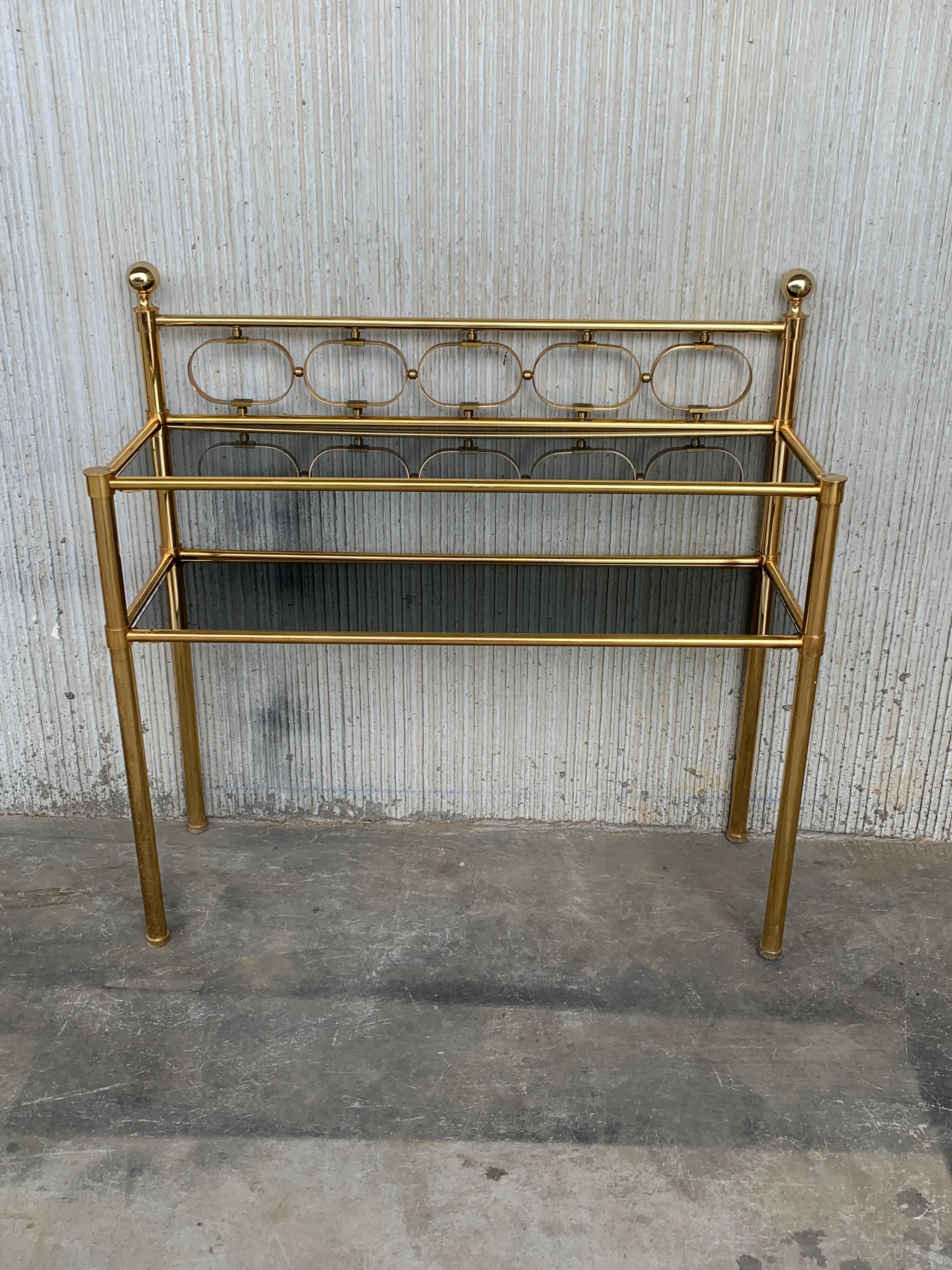 Mid-Century Modern Brass Console Table with Two Fumee Glass Shelves In Good Condition In Miami, FL